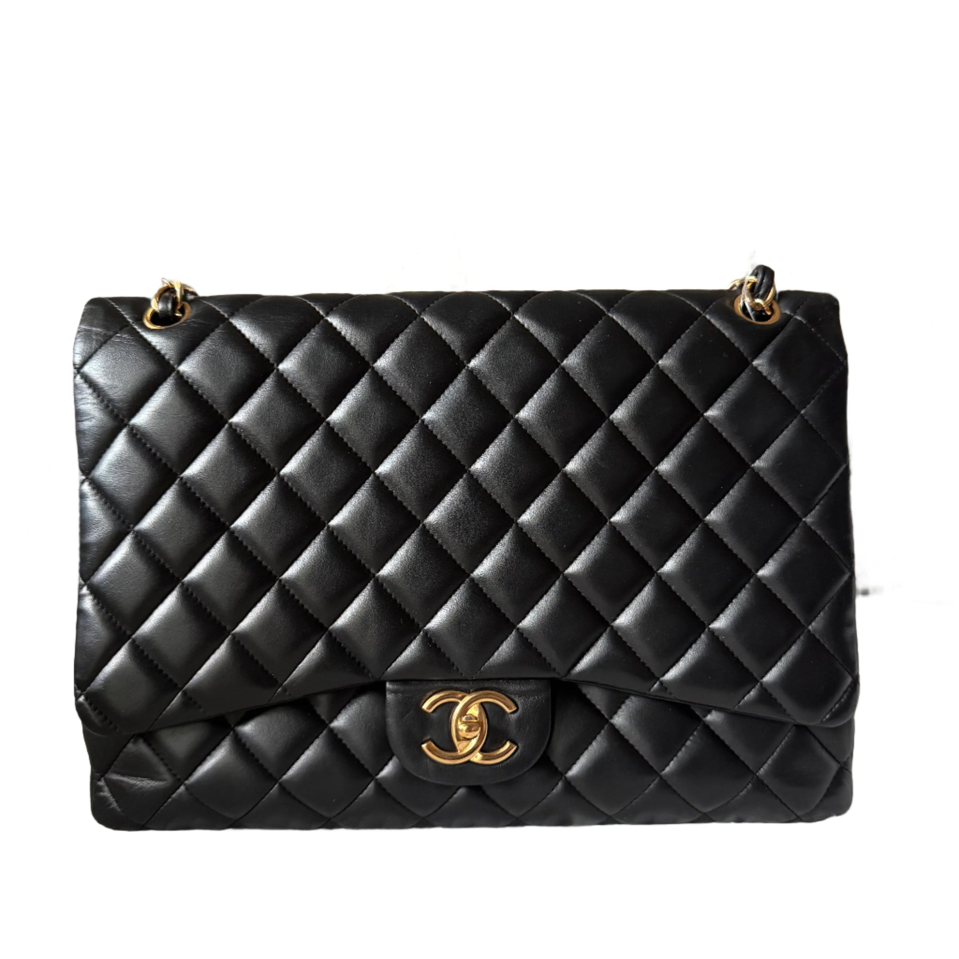 Chanel Classic Flap Maxi Lambskin Double Flap Black Gold Leather Handbag Hardware 1