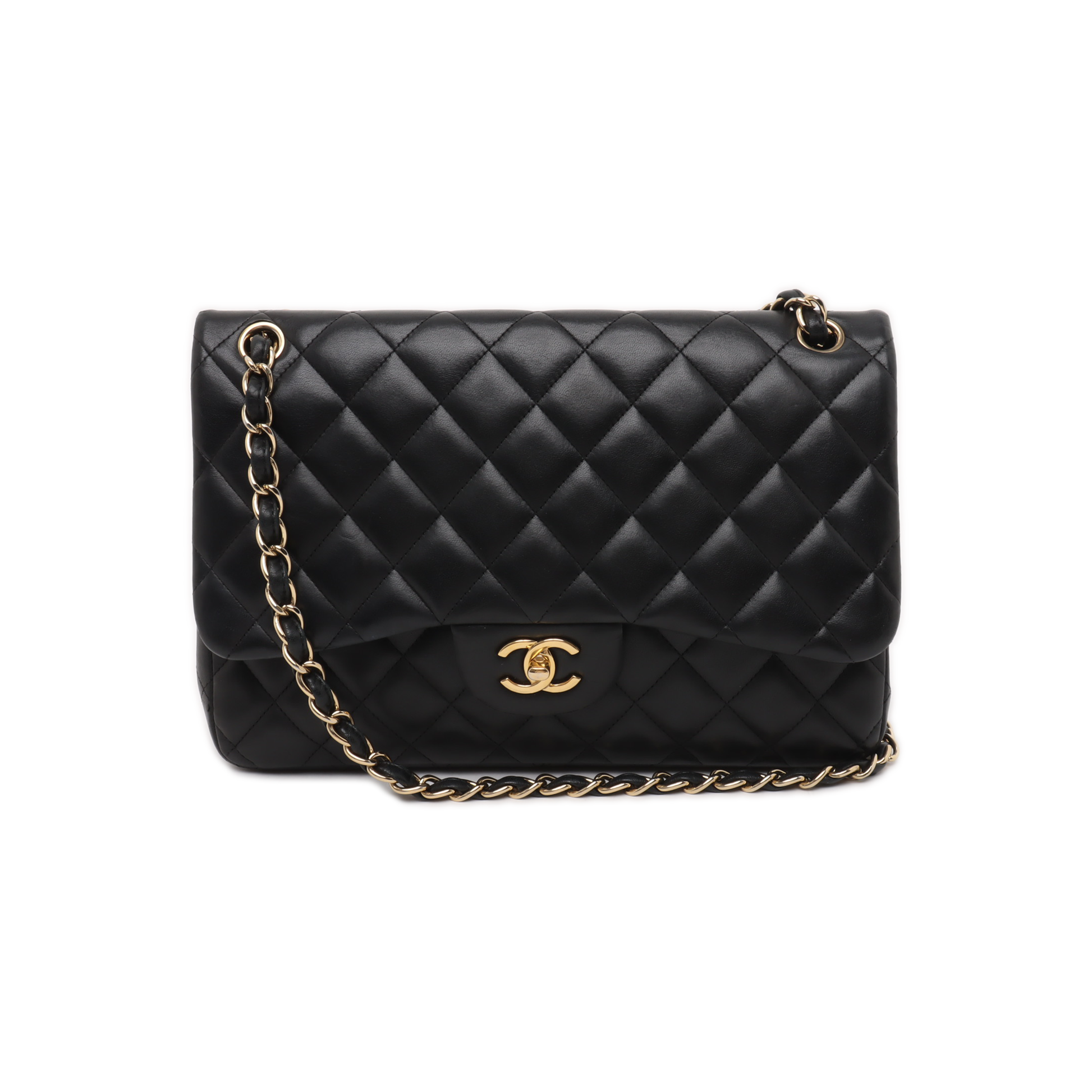 Chanel Classic Flap Jumbo Lambskin Double Flap Black Gold Leather Handbag 3