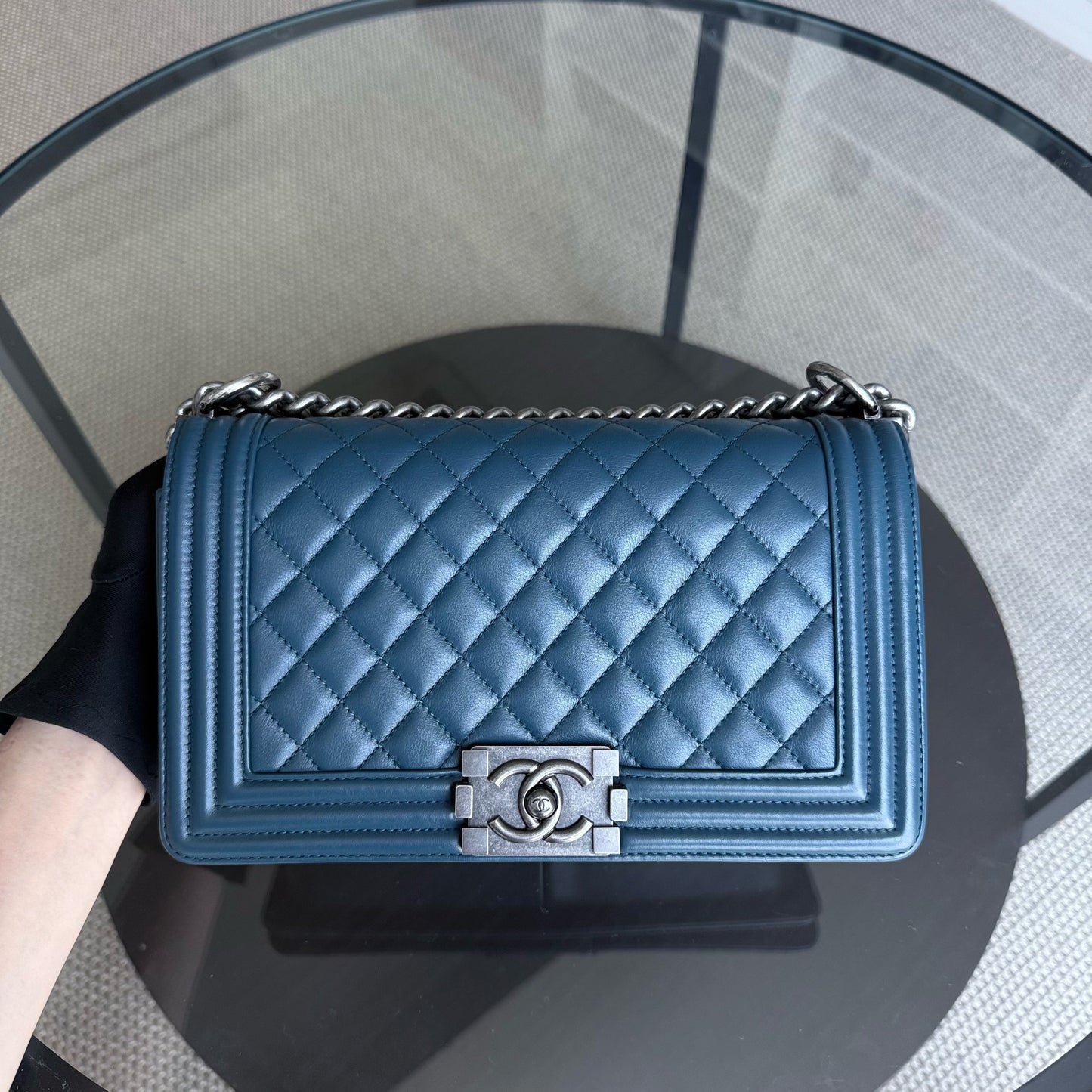 Chanel Boy Medium - Calfskin 25CM Quilted Blue Ruthenium Silver Hardware Series 26