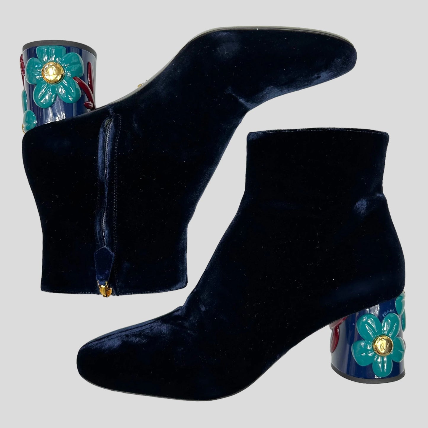 Prada Shoe Milano Floral Heel Velvet Boots - UK7 Blue Shoes