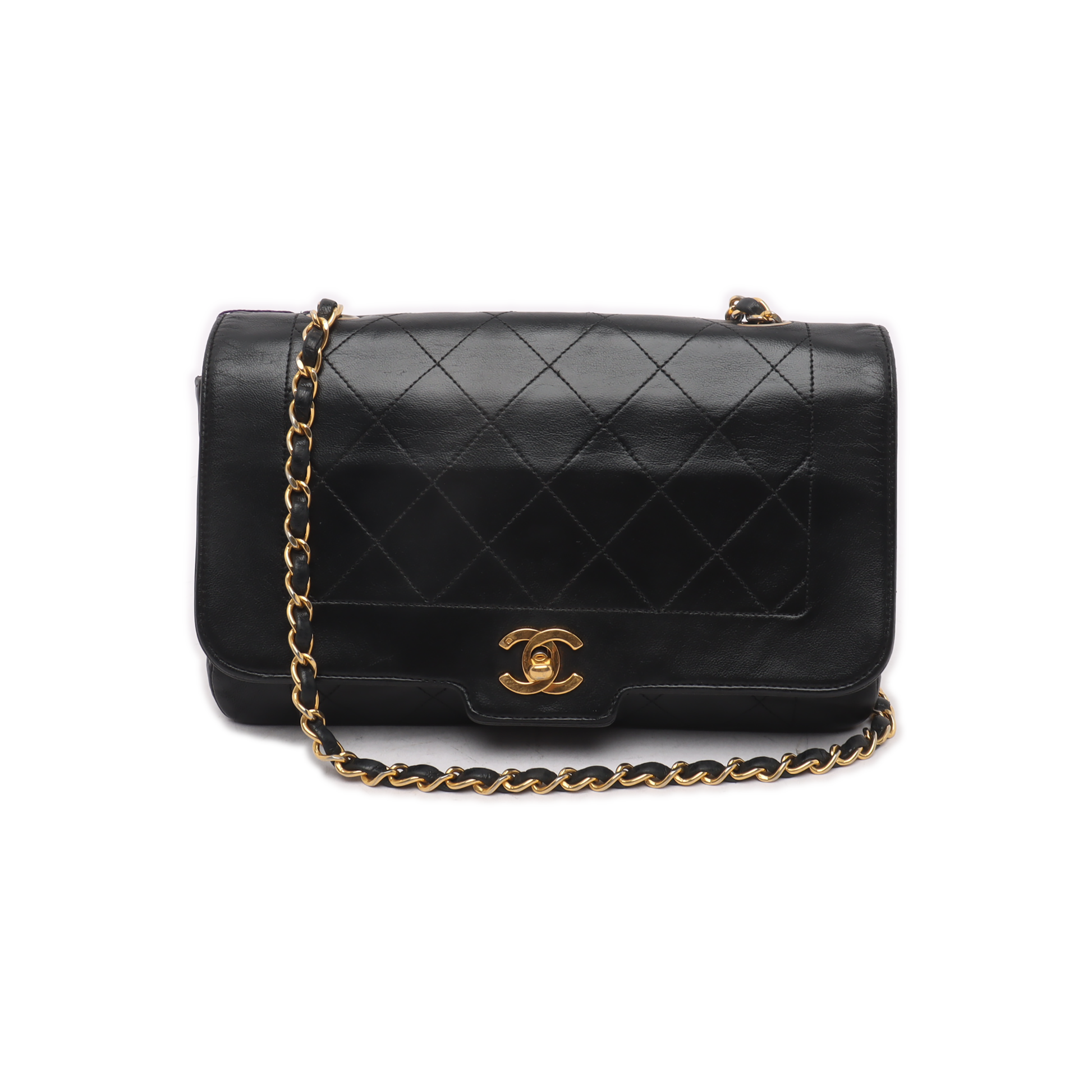 Chanel Diana CC Flap Lambskin 24k HW Black Gold Leather Shoulder Bag Gold Hw
