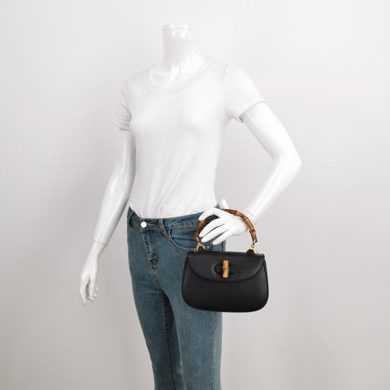 Gucci Bamboo Leather Black Small Top Handle Travel Bag