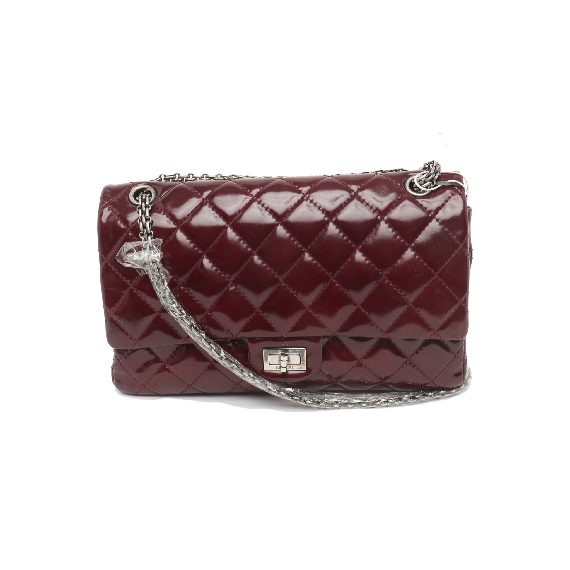 Chanel 2.55 Jumbo Double Flap Burgundy Patent Silver Leather Handbag