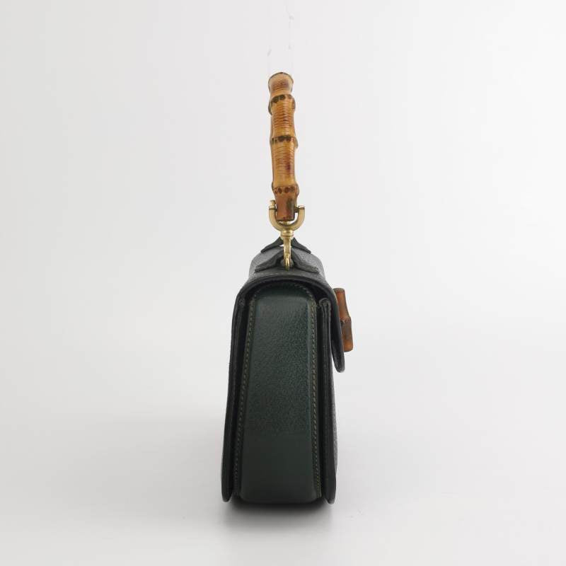 Gucci Bamboo Dark Leather Green Small Top Handle Travel Bag