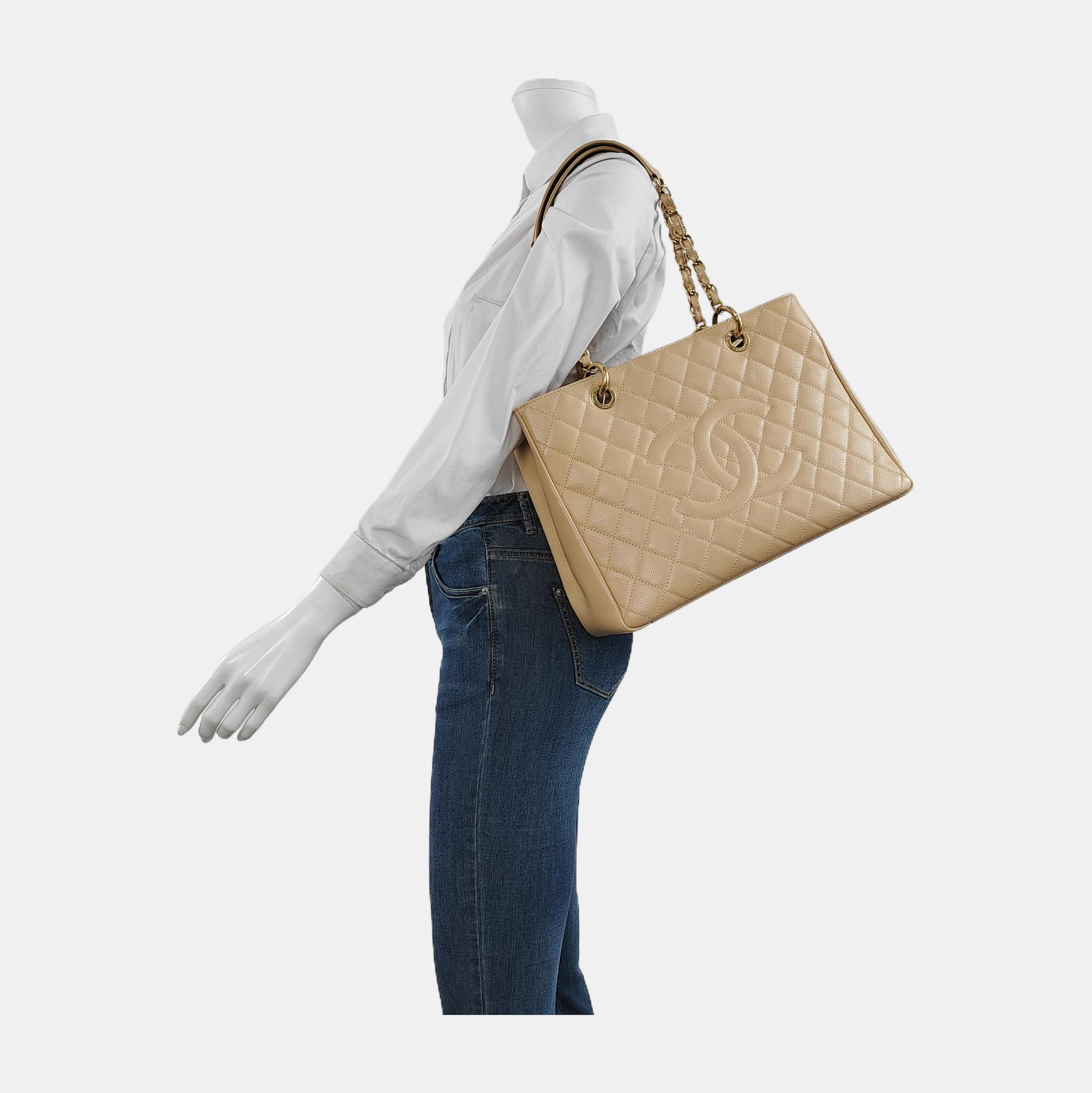 Chanel GST Grand Shopping Caviar Hardware Gold Beige GM Leather Tote Bag