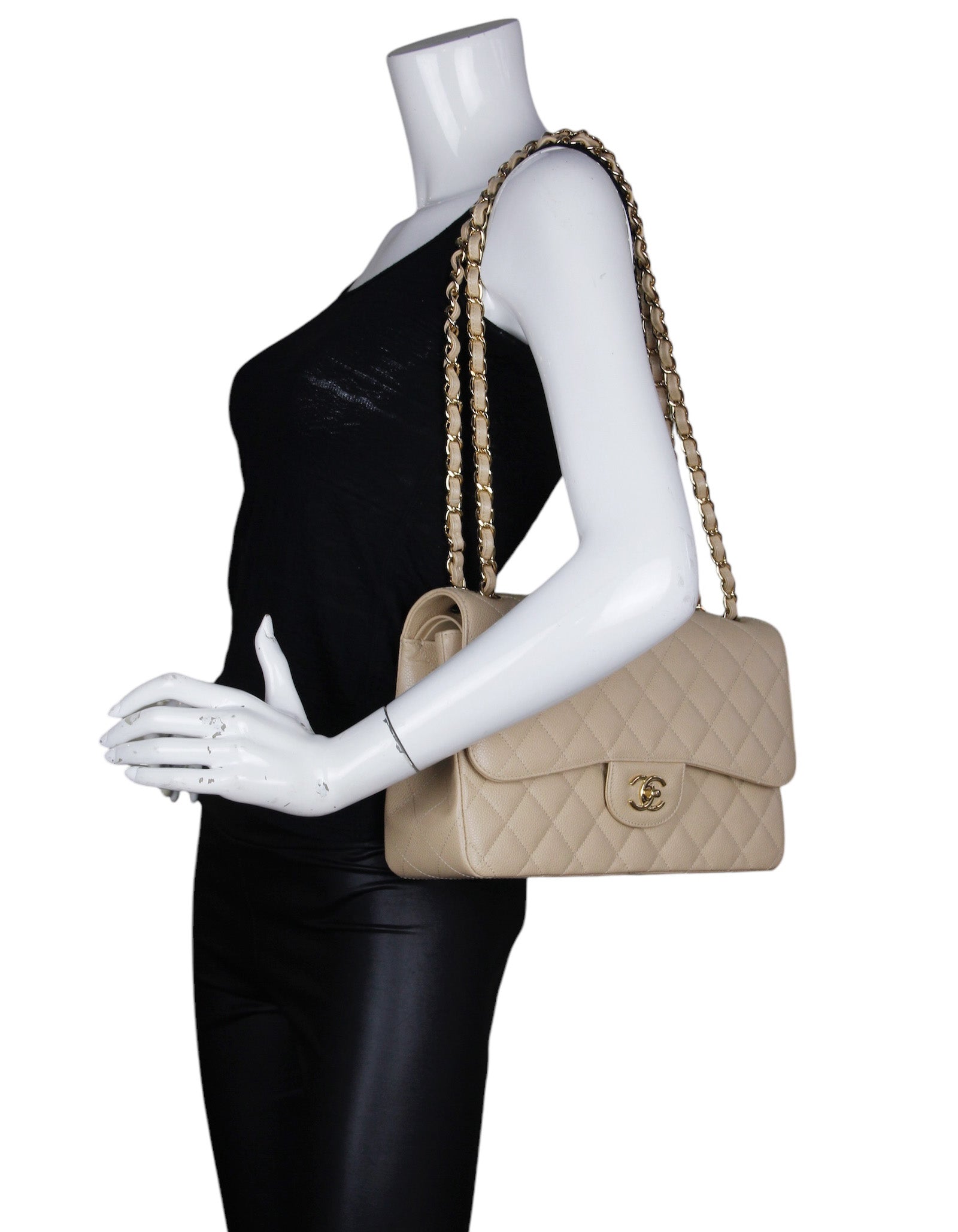 Chanel Beige Caviar Leather Double Flap Jumbo Women Shoes
