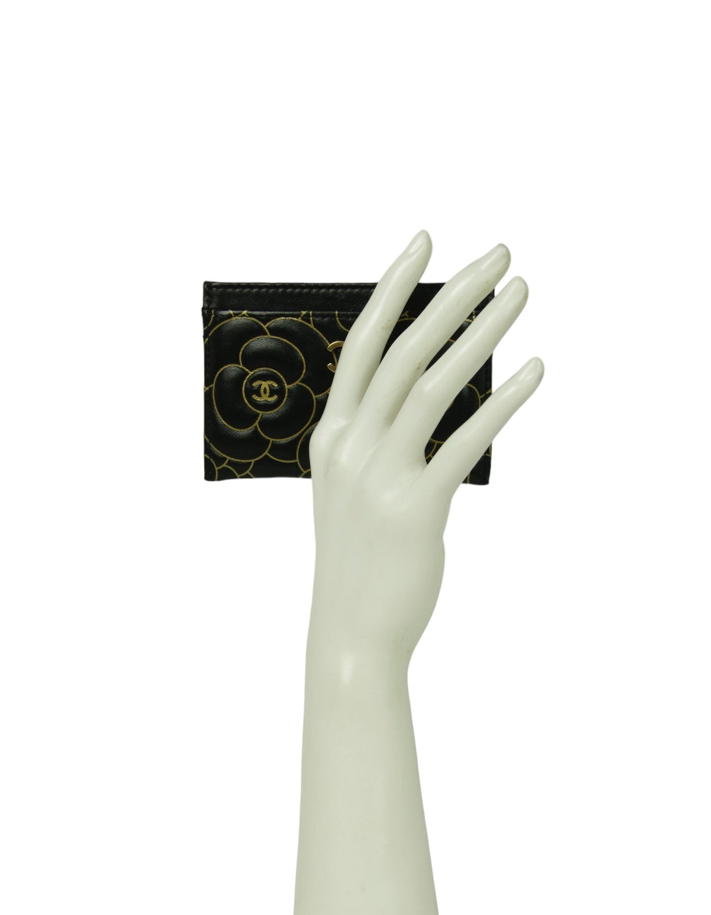 Chanel Black Goatskin Camellia Embossed Card Holder