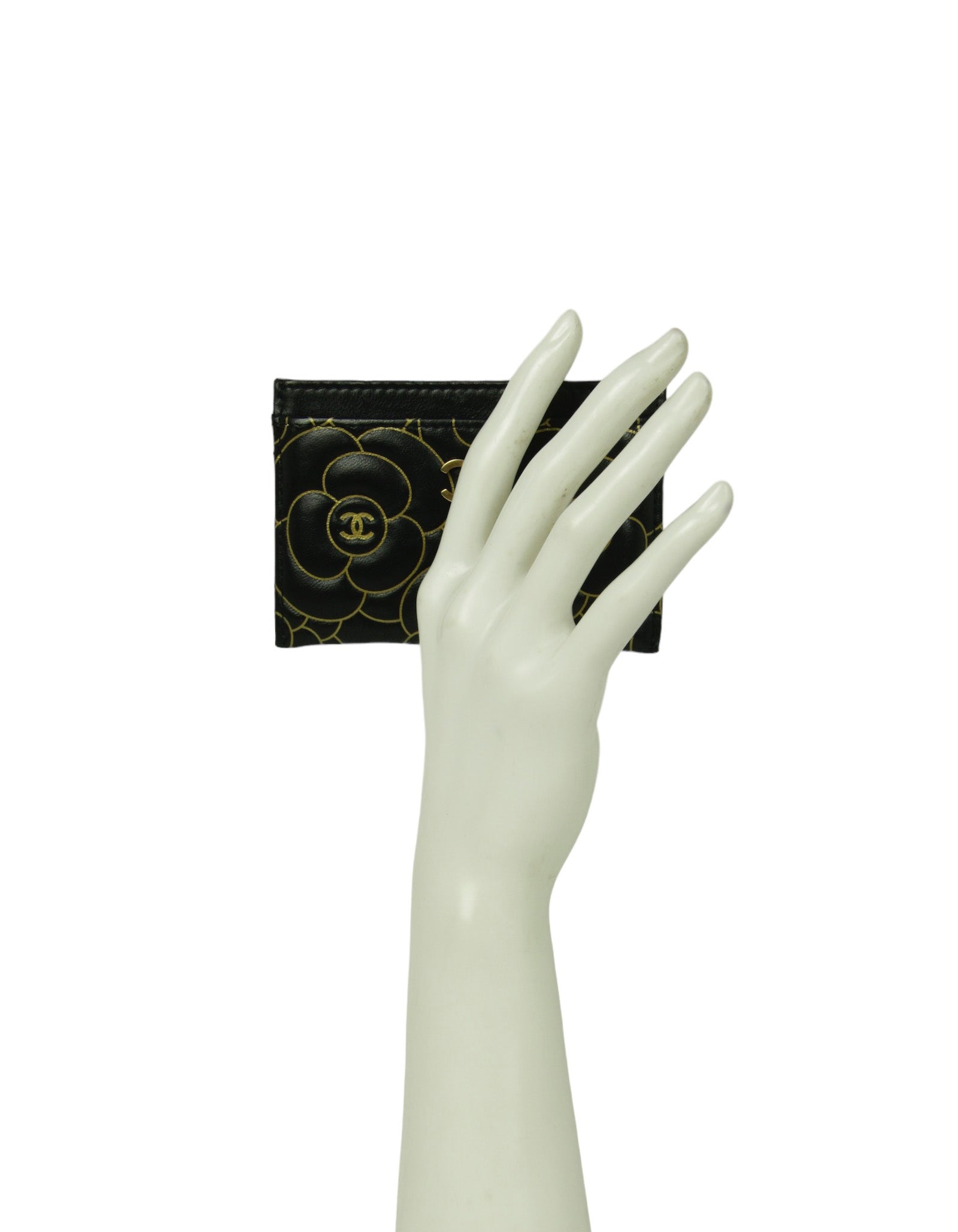 Chanel Black Goatskin Camellia Embossed Card Holder Handbag