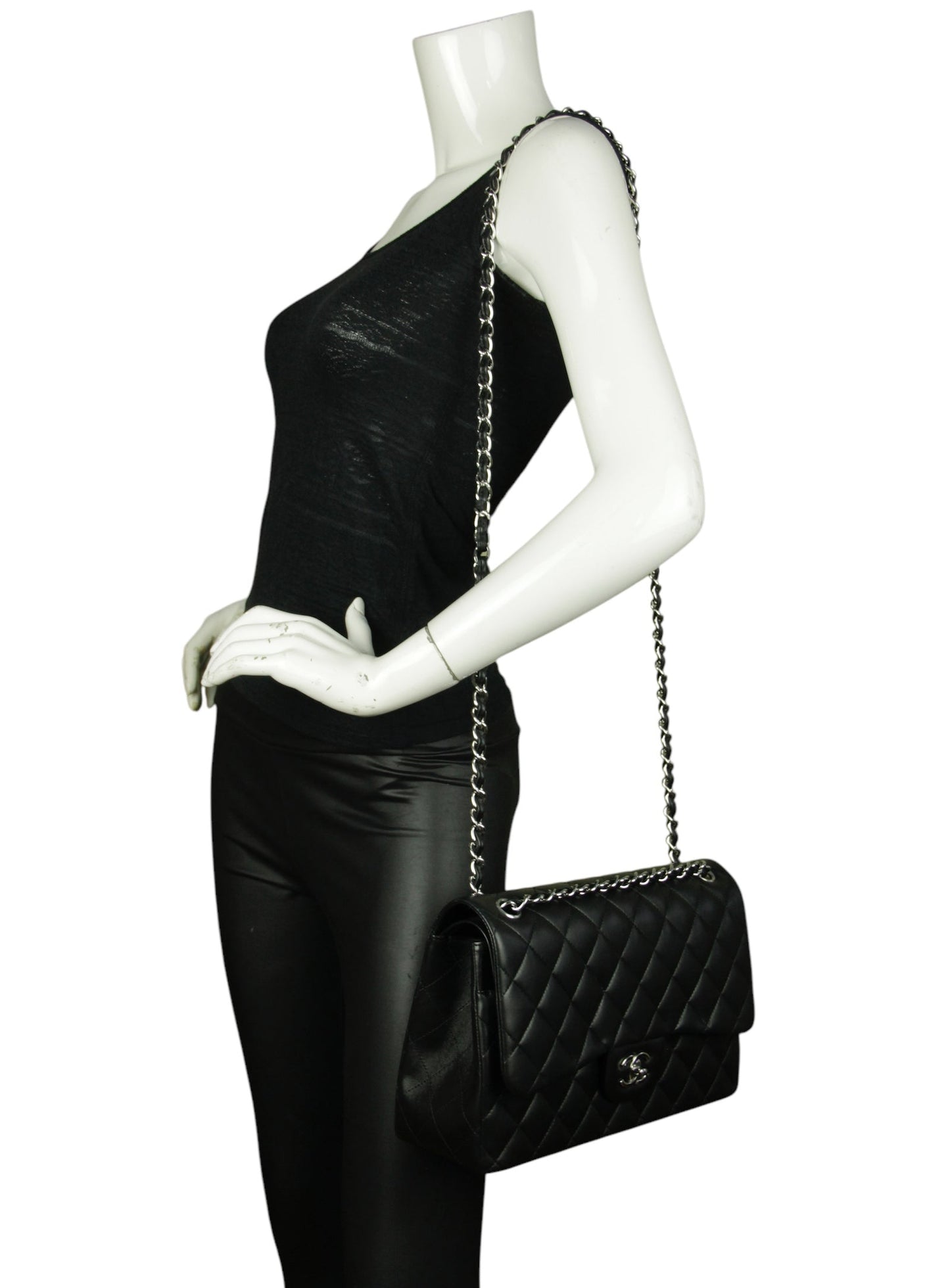 Chanel Black Lambskin Leather Double Flap Jumbo Women Shoes