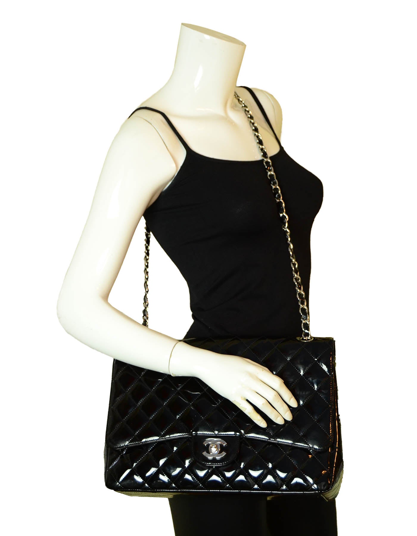 Chanel Black Patent Leather Quilted Single Flap Maxi Classic Bag