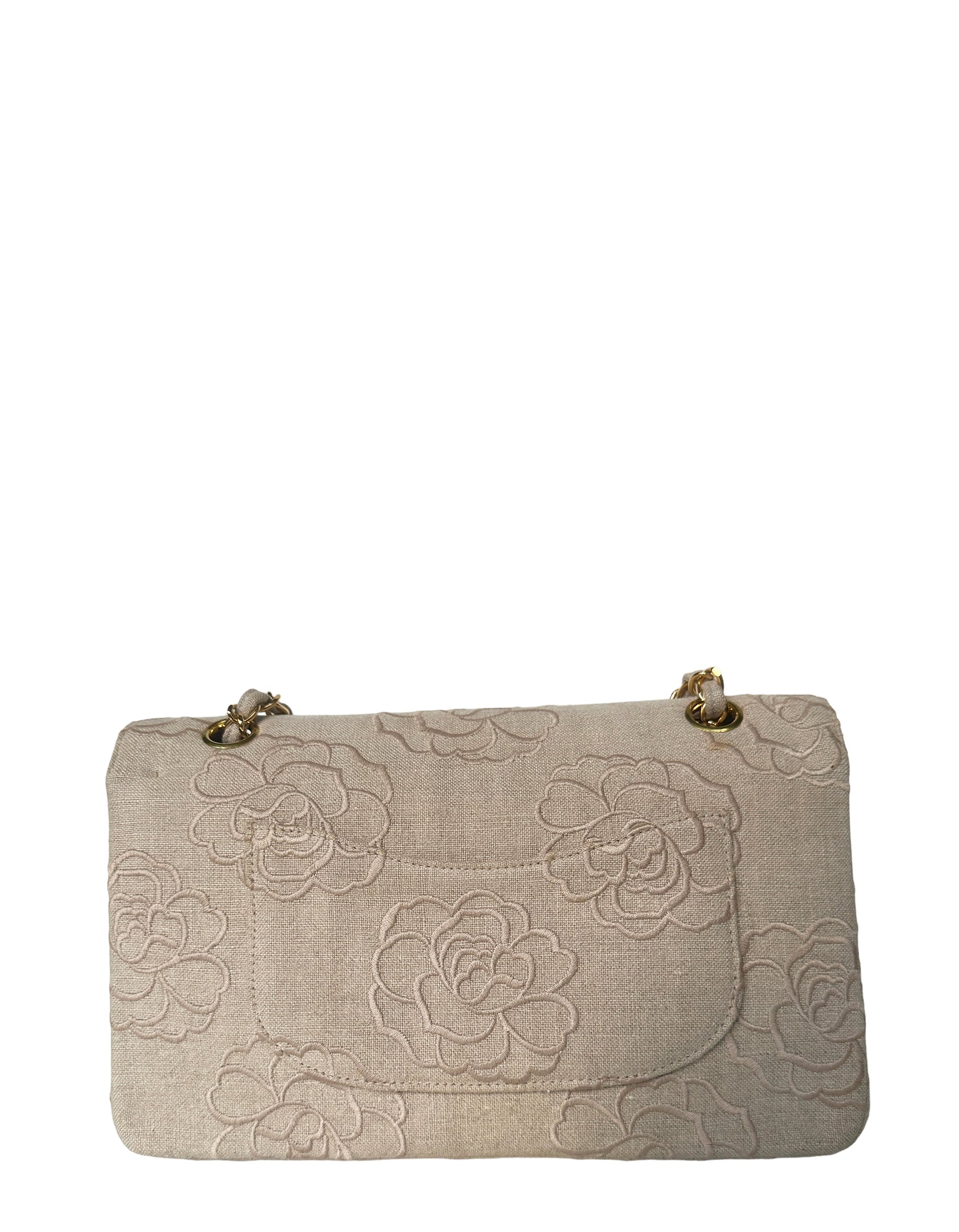Chanel Ivory Canvas Camellia Embroidered Double Flap Classic Women Shoes