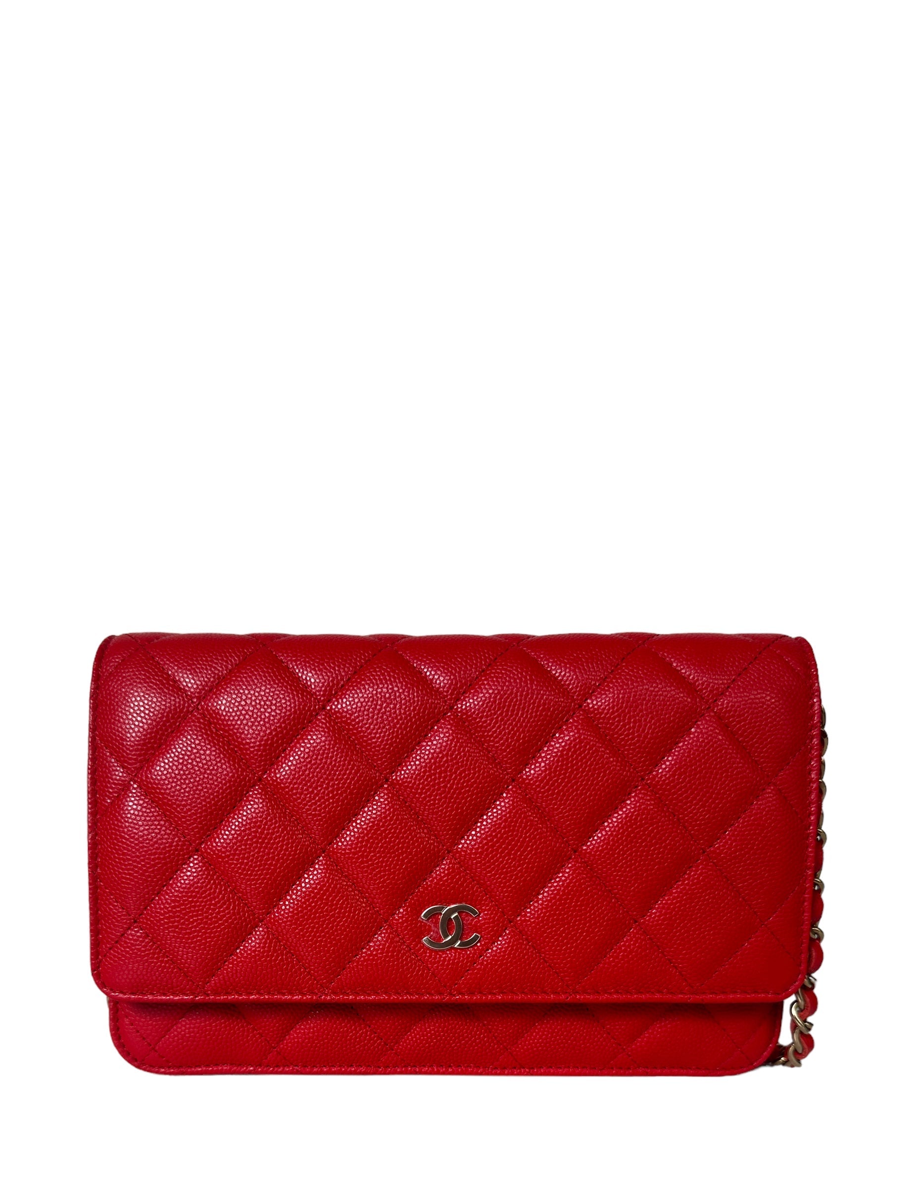 Chanel New Red Quilted Caviar Leather Wallet On Chain Woc Crossbody Bag
