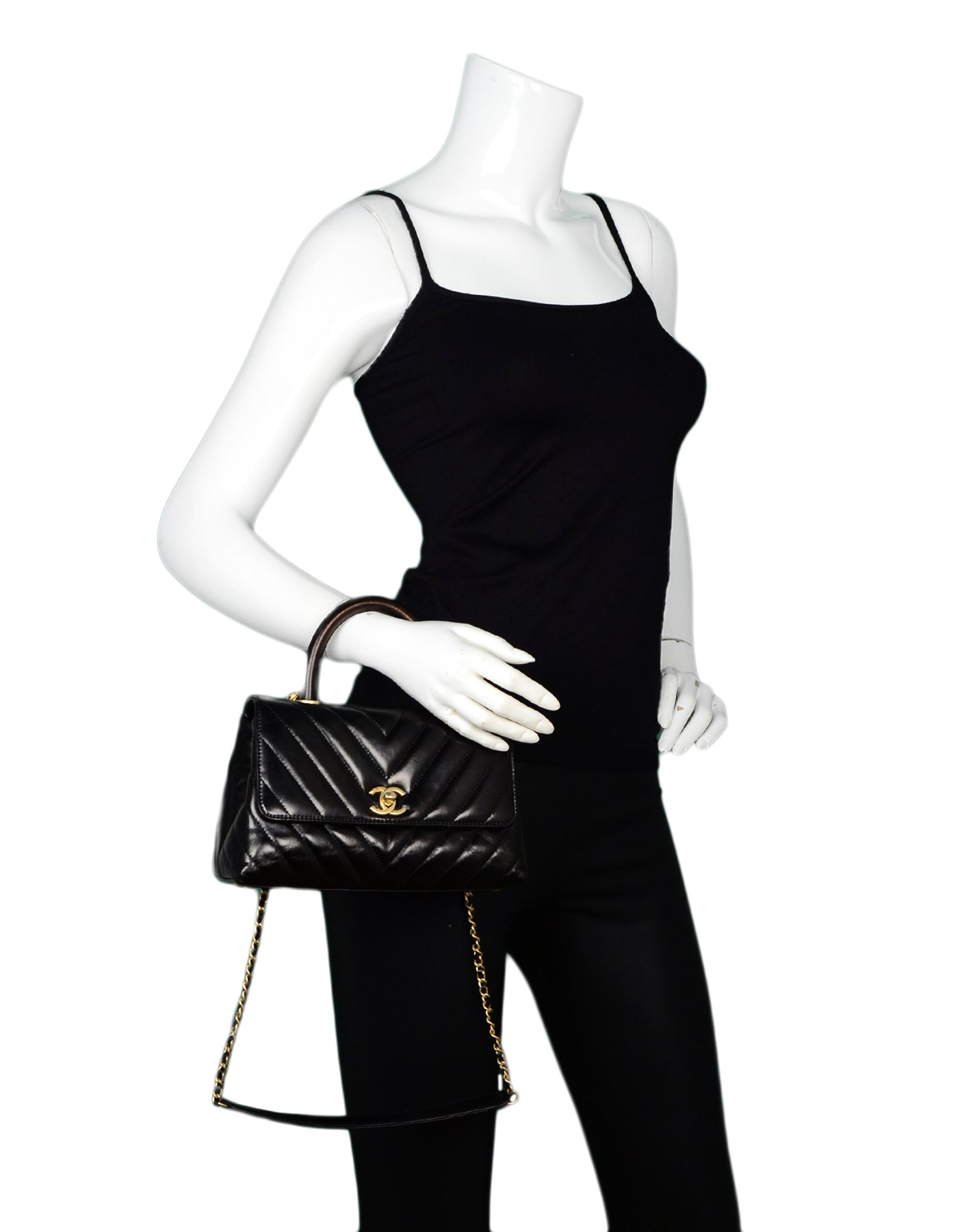 4CHANEL Black Calfkin Shiny Leather Chevron Quilted Mini Coco Handle Flap Bag with Strap 100 14990 B699E99A 9813 4D89 9271 0E3C501EF551