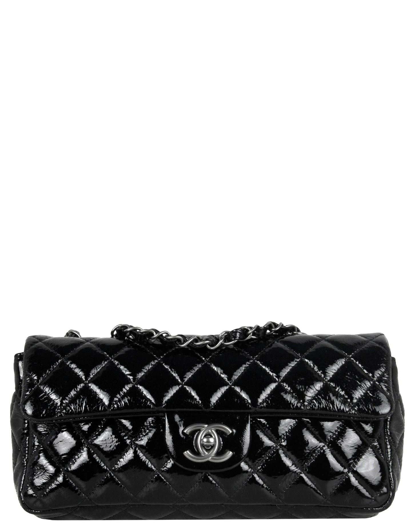 Chanel Black Distressed Patent Quilted East West Flap Women Shoes