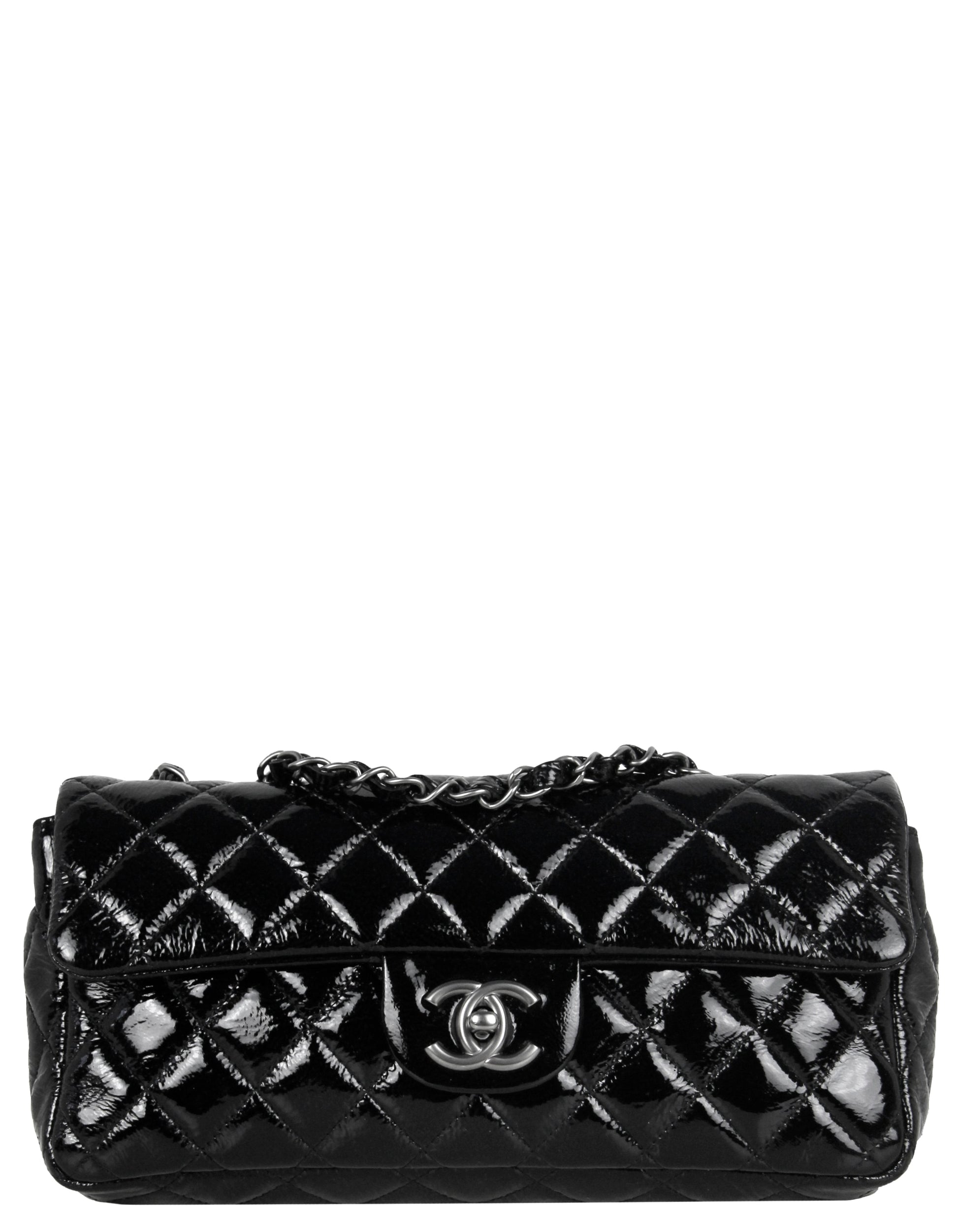 Chanel Black Distressed Patent Quilted East West Flap Women Shoes