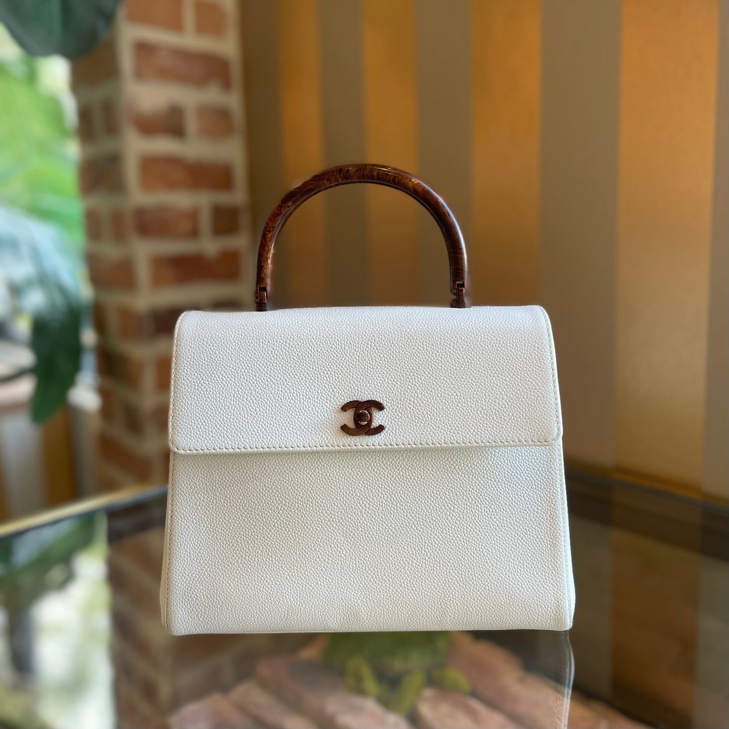 Chanel White Caviar Leather Wood Top Handle Coco Mark Satchel