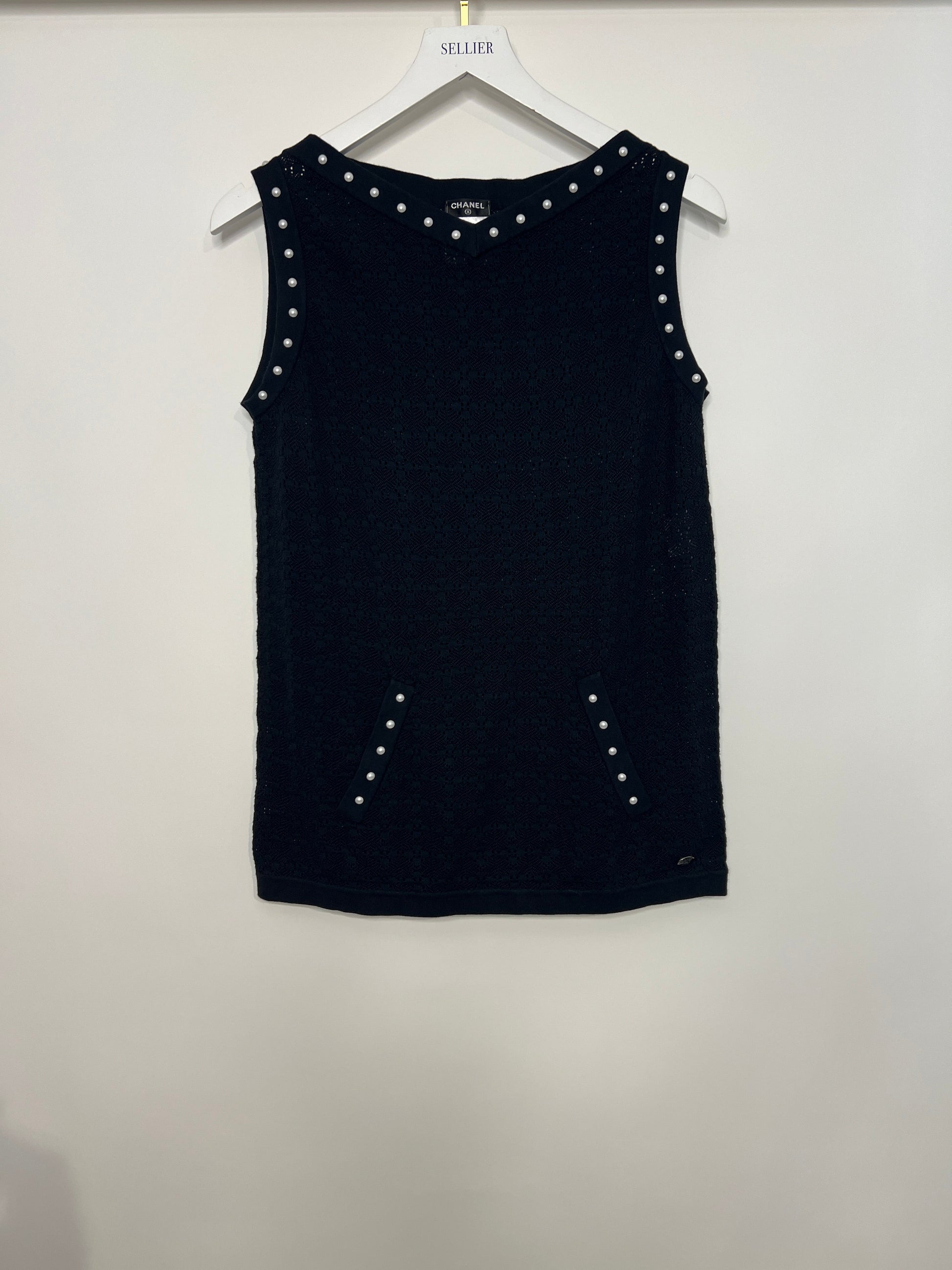Chanel Navy Crochet Vest Top with Pearl Trim and Front Pocket Detail Fr 34 (uk 6) Handbag