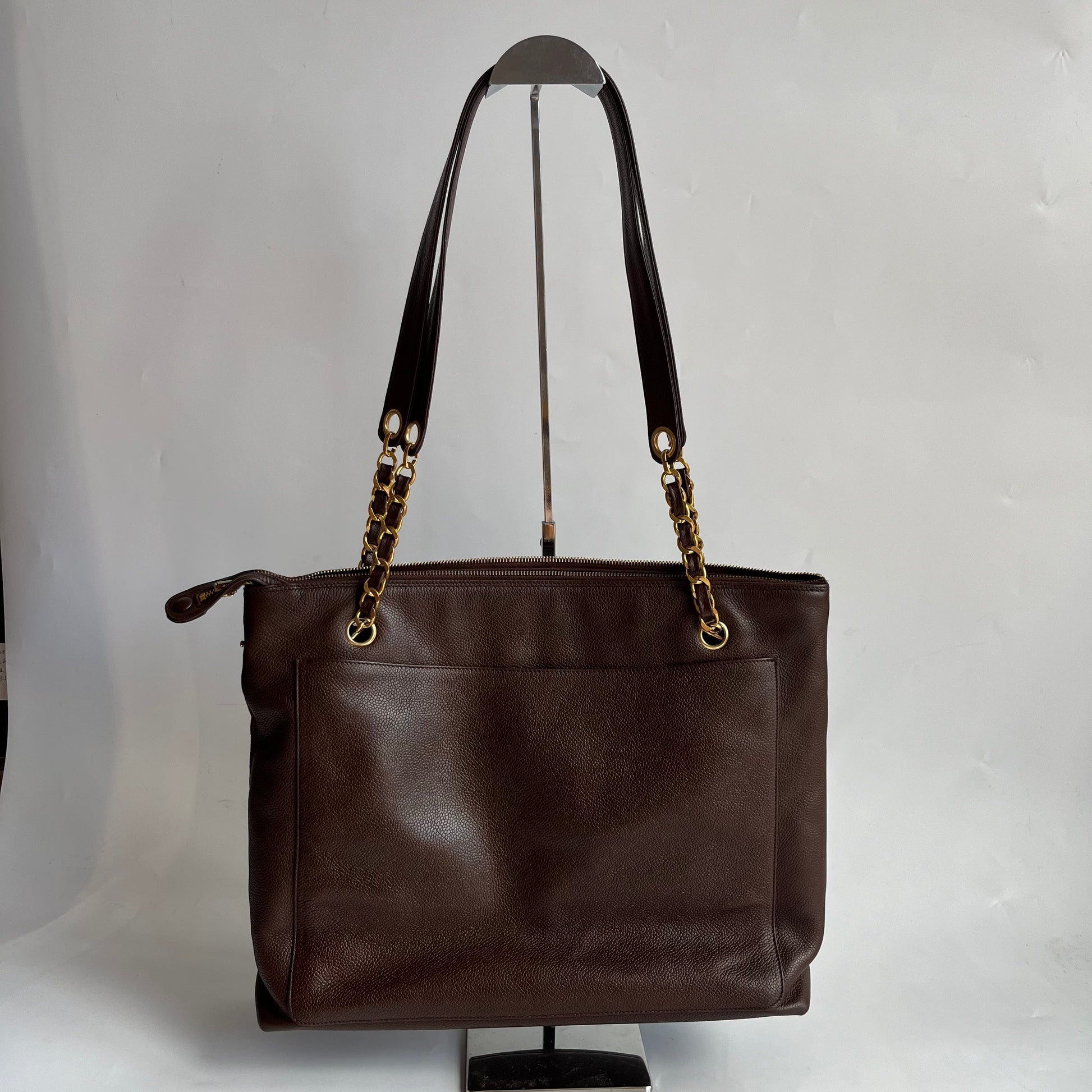 Chanel Front Pocket Chocolate Caviar Double Brown Gold Leather Tote Bag