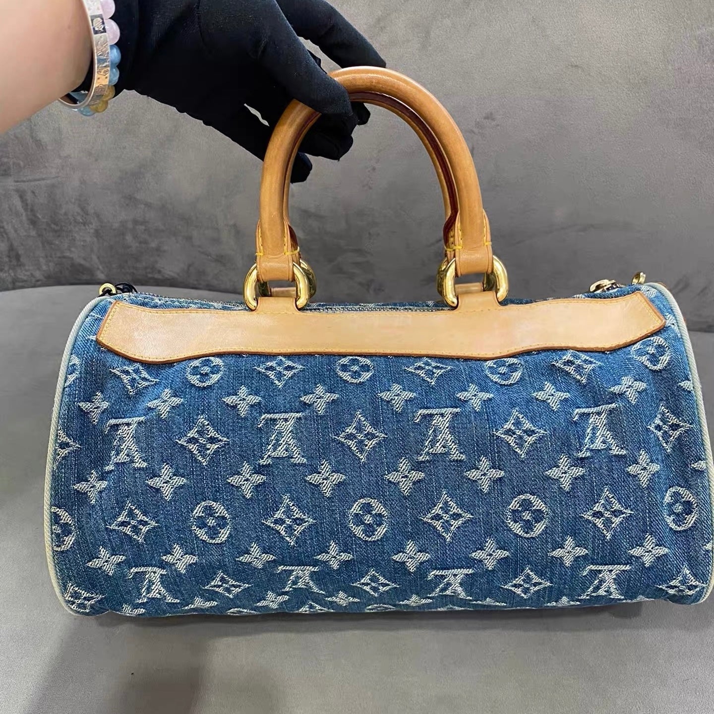 Louis Vuitton Neo Speedy Denim Boston Leather Blue Travel Bag