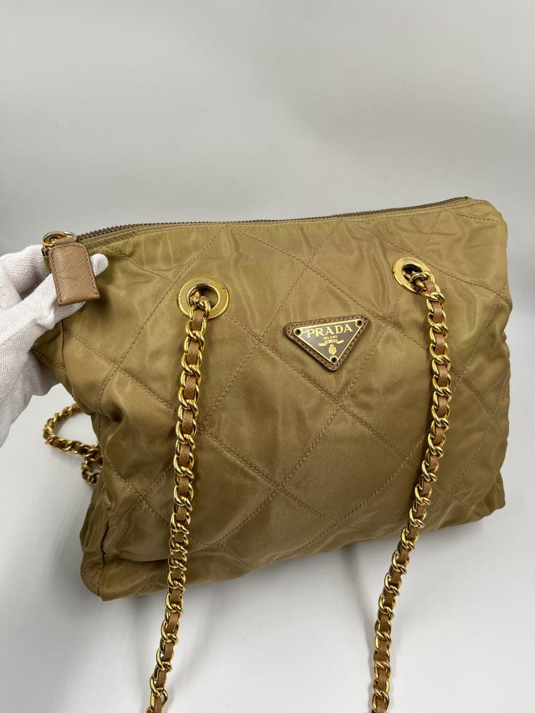 Prada Tote With Handle Nylon Beige Chain Tote Bag