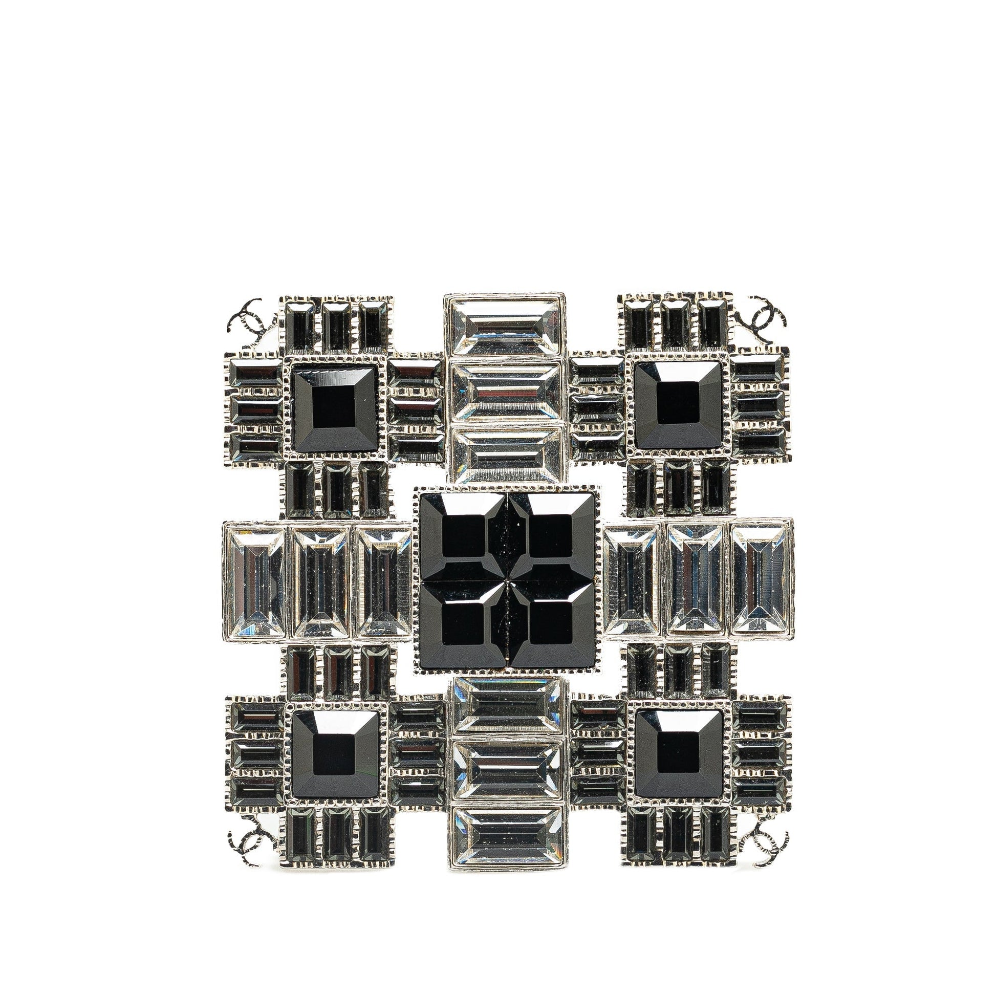 Silver Chanel Silver Plated  CC Crystal Square Brooch