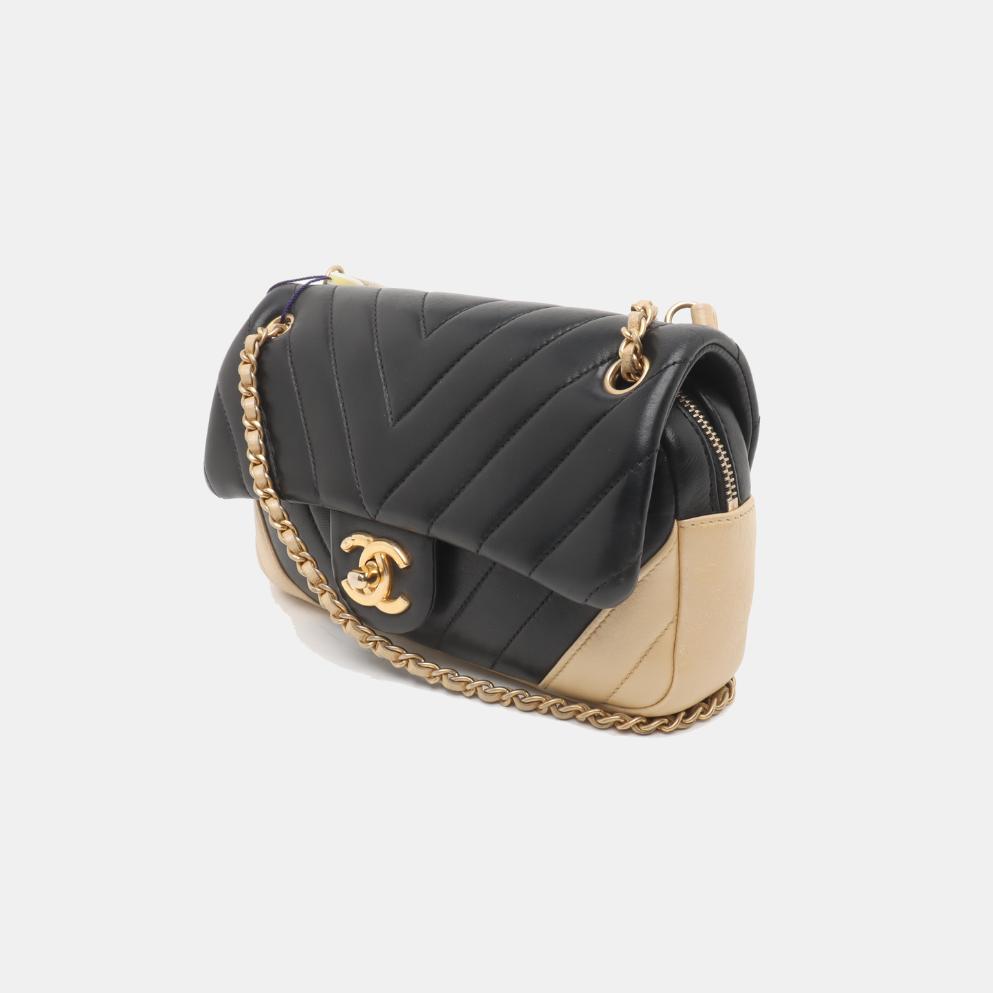 Chanel Bicolor Chevron Lambskin Single Flap -15 Black Gold Small Leather Shoulder Bag