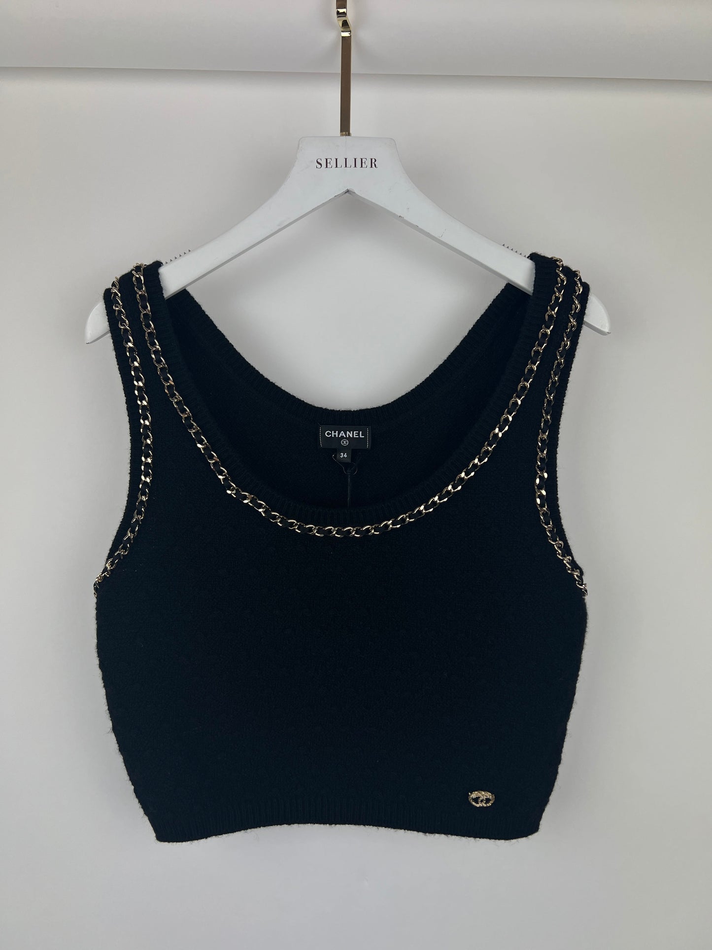 Chanel 23B Black Cashmere Knit Tank Top with Gold Chain and Logo Detail Size FR 34 (UK 6) RRP ¬£2150
