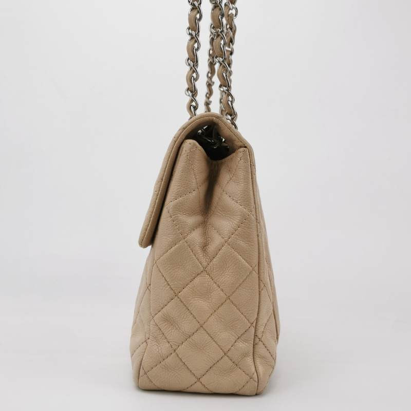 Chanel Classic Flap Maxi Lambskin Giant Siver-tone Beige Leather Handbag
