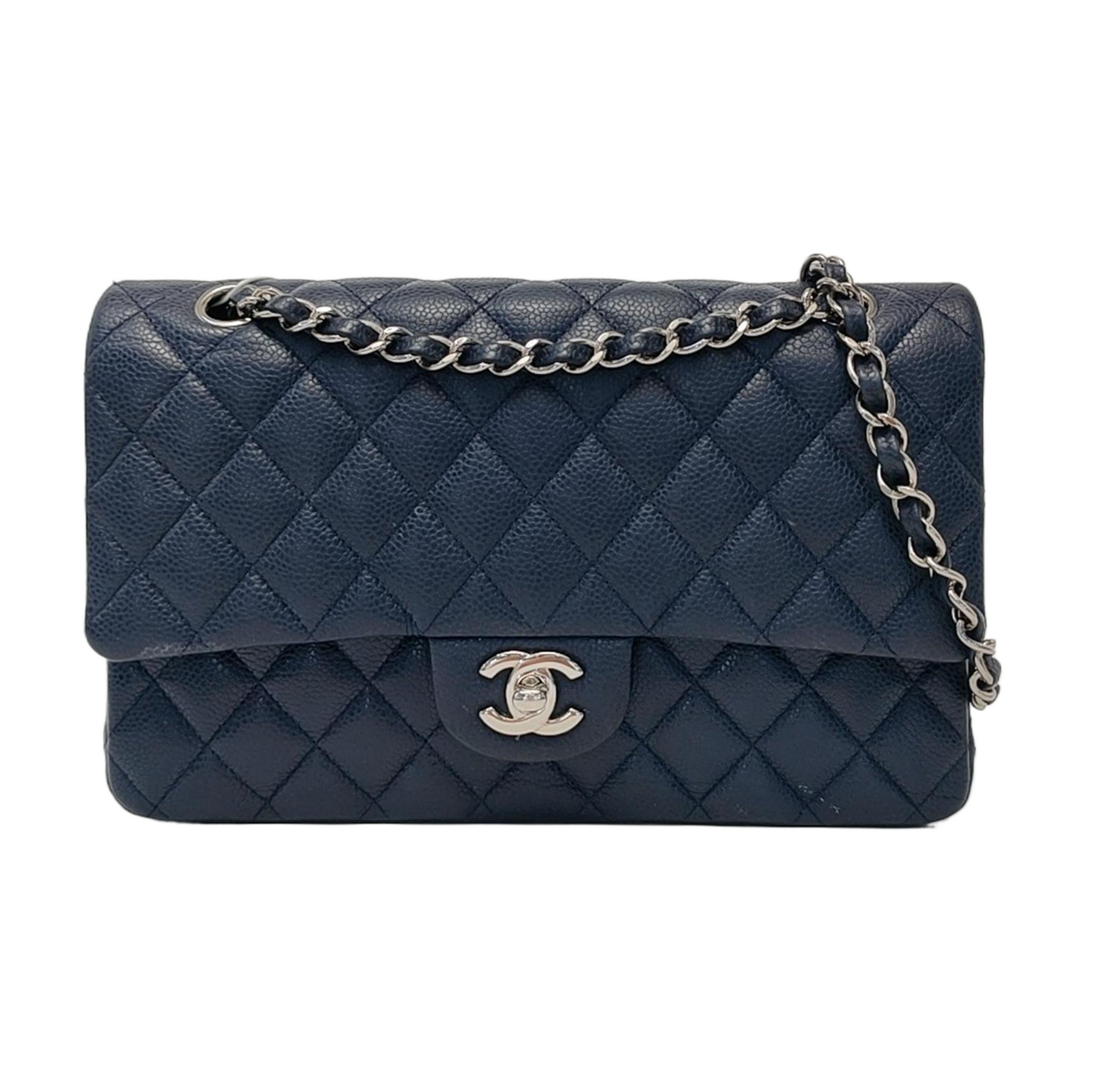 Chanel Classic Flap Navy Caviar Hardware Silver Leather Handbag