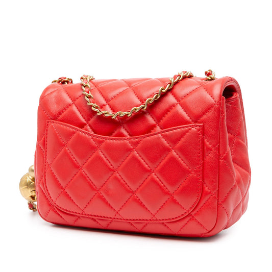 Red Chanel Mini Square Classic Lambskin Pearl Crush Flap Crossbody Bag
