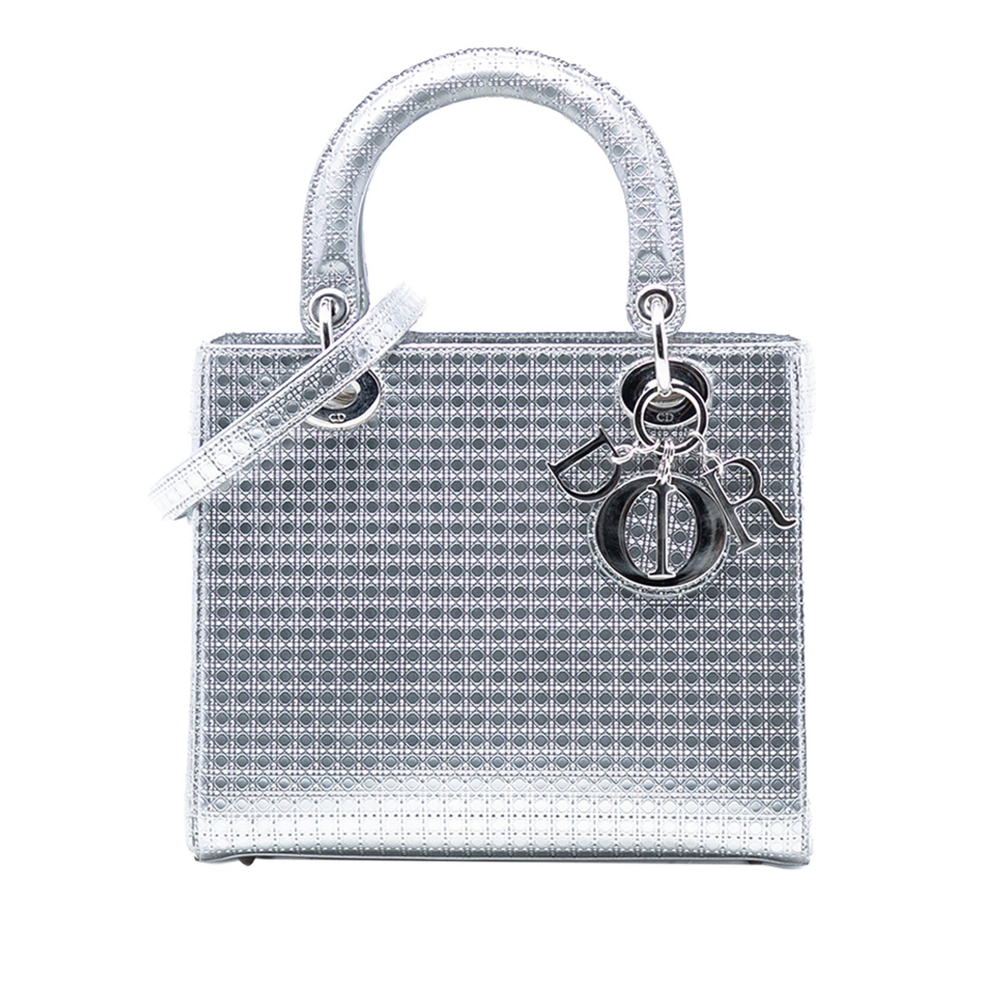 Dior Handbag Metallic Microcannage Lady Satchel 2 Patent Silver Medium Satchel Bag