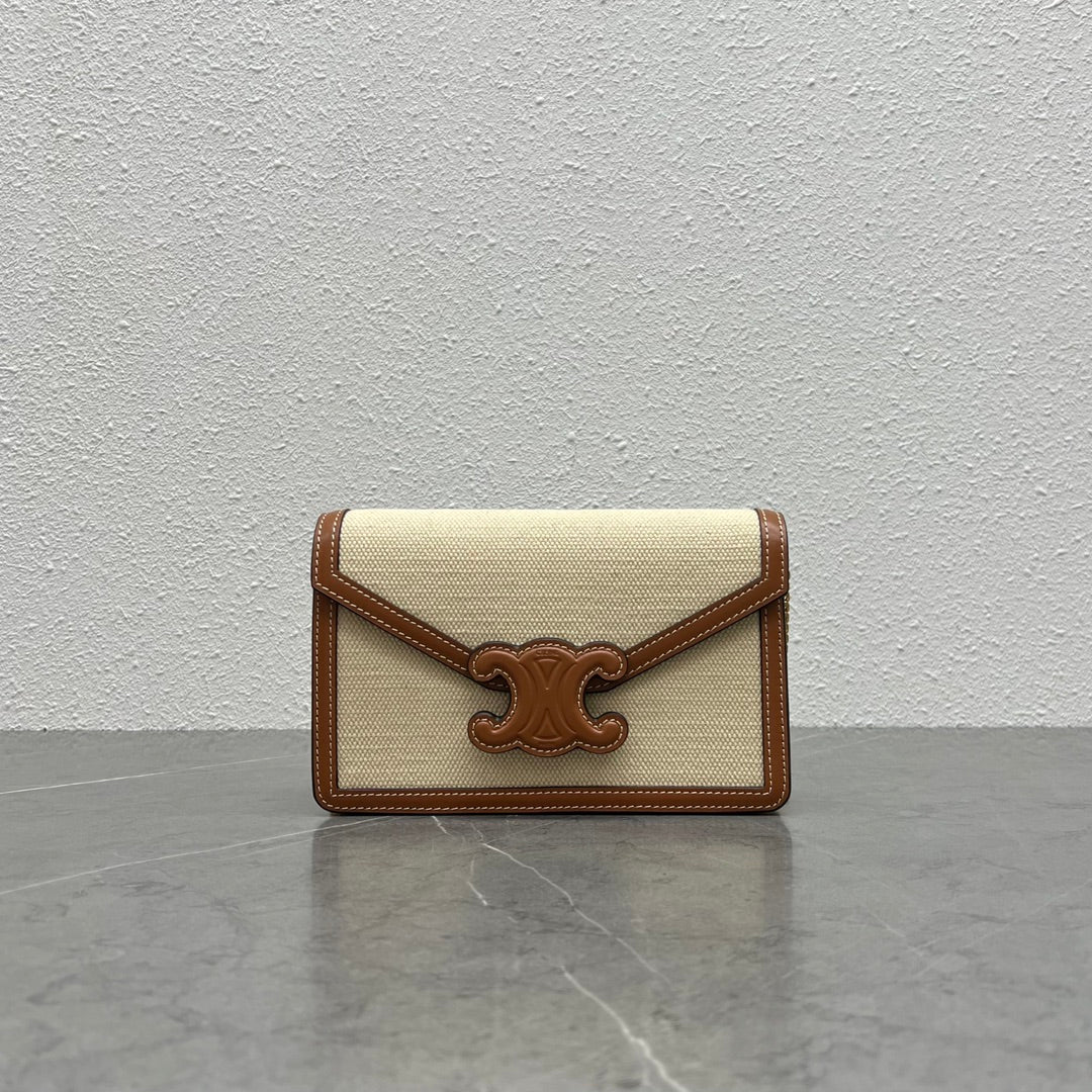 Top Quality Wallet On Triomphe In Textile Tan Chain Crossbody Bag