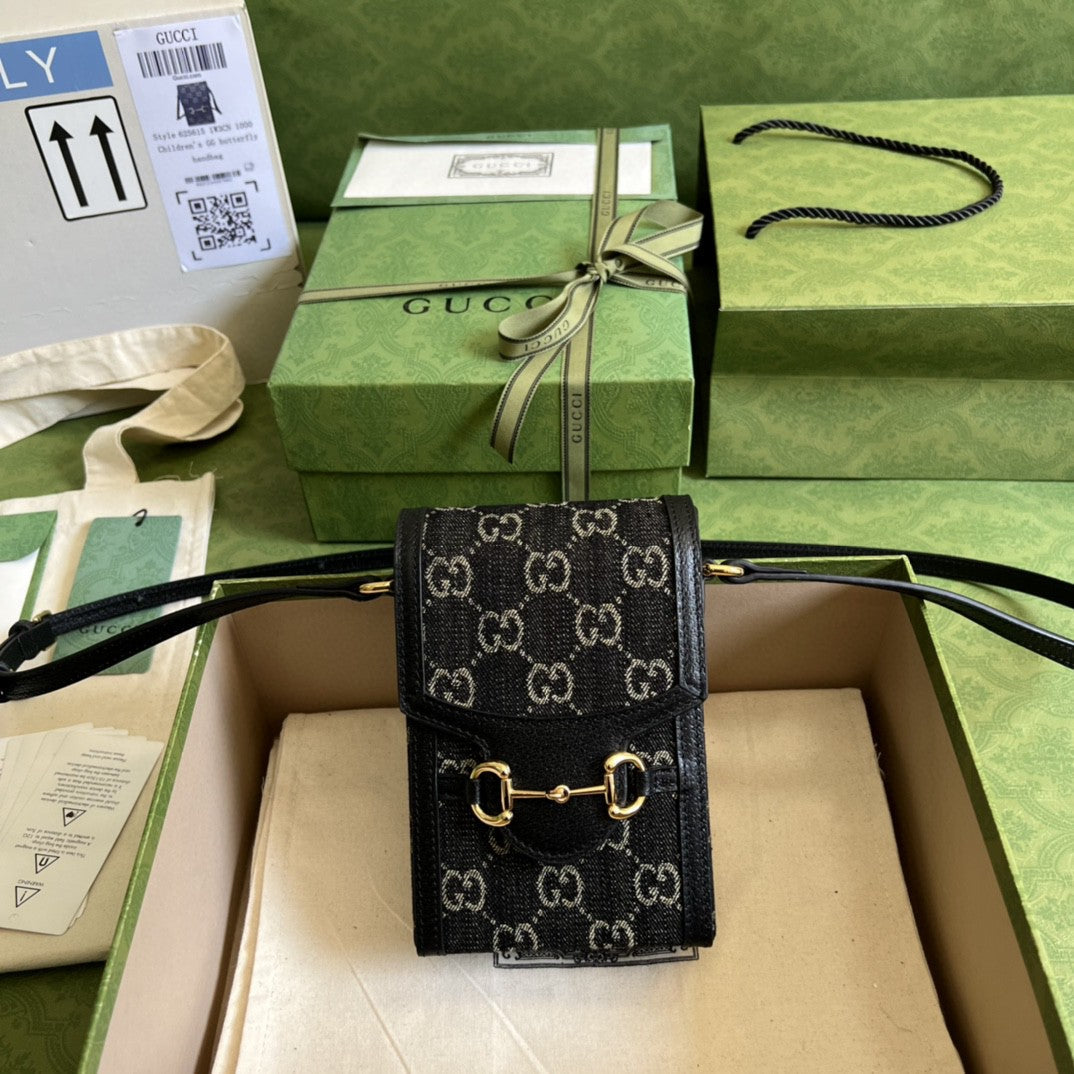 gg Horsebit Ivory gg Jacquard Denim Black Mini Bag