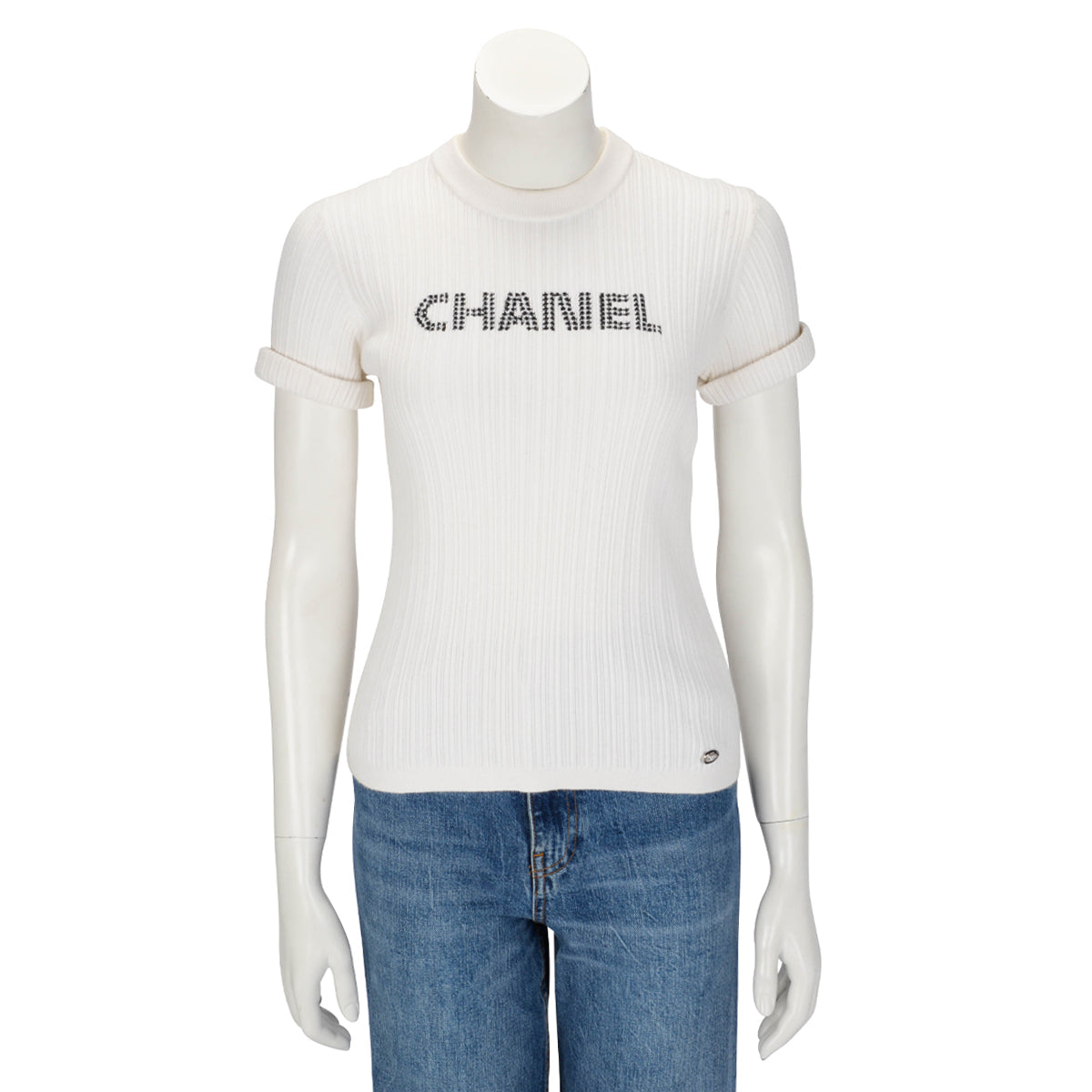 Chanel White Ribbed Cotton Logo Knit Top Bag