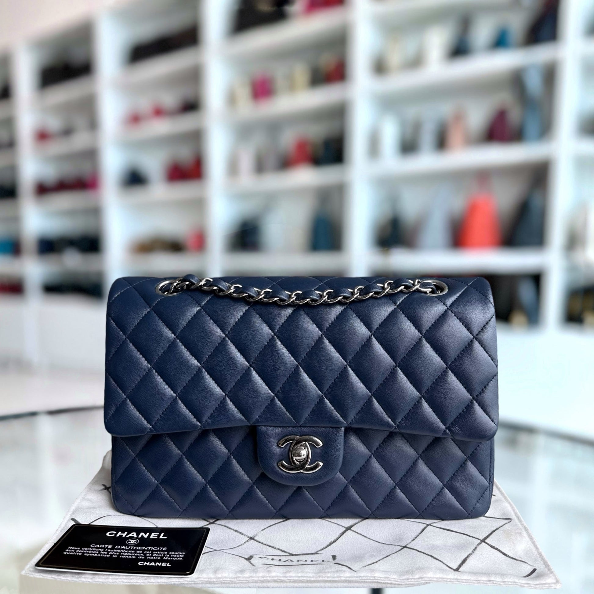 Chanel Classic Flap Medium - 25CM Quilted Lambskin Dark Navy Blue Silver Hardware Series 22