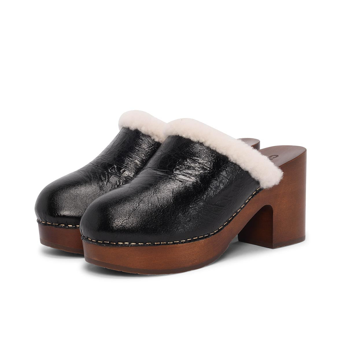 Chanel Black Crackled Sheepskin CC Clogs 38 Women Shoes