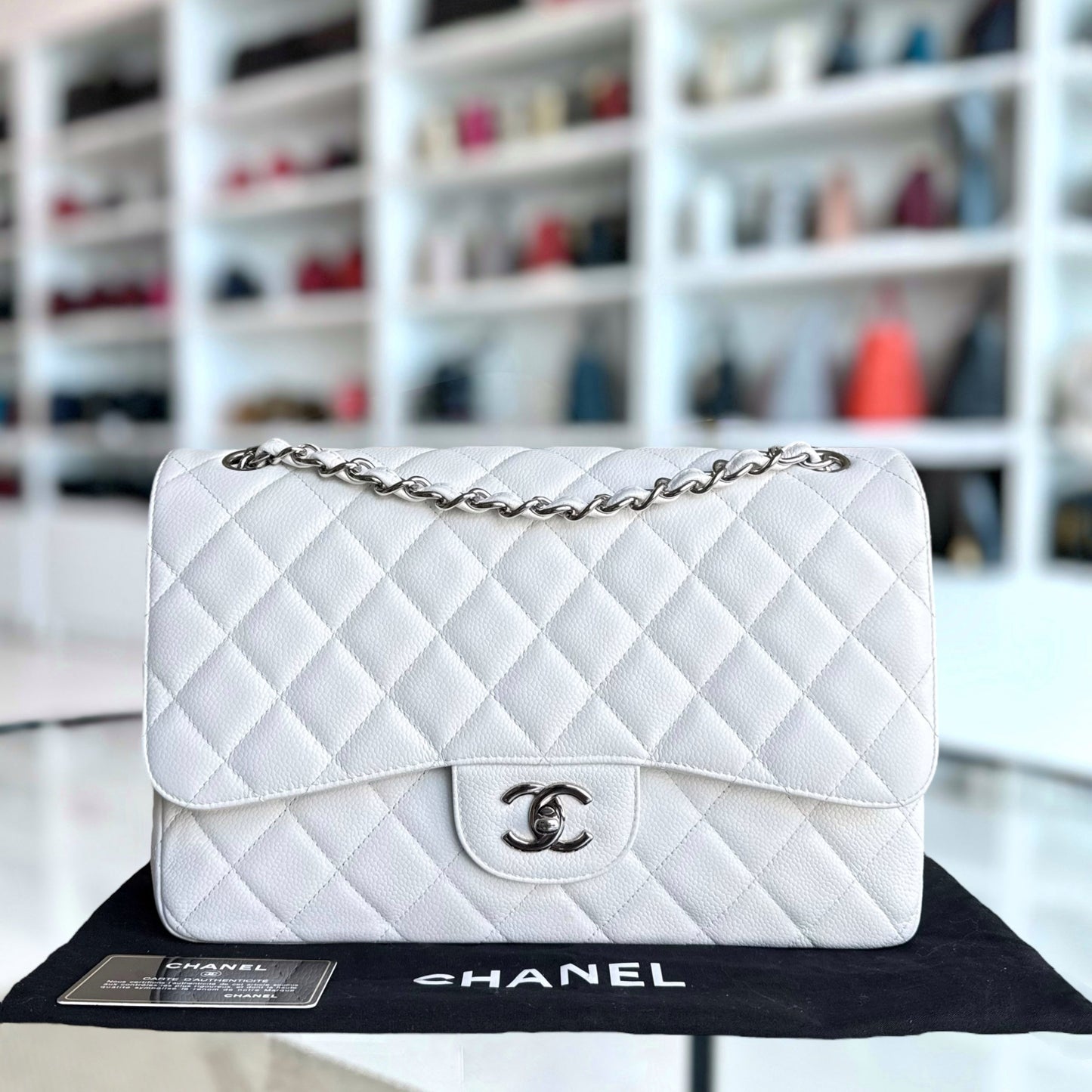 Chanel Classic Flap Jumbo - Caviar Double Flap 30CM Quilted White Silver Hardware Series 14