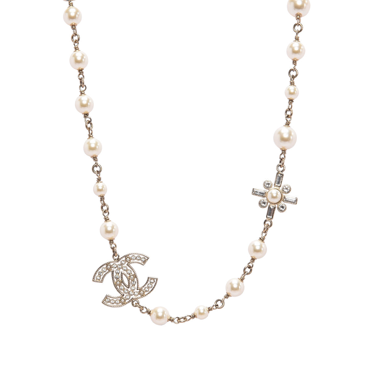 Chanel Gold Tone Pearl & Crystal Cc Necklace