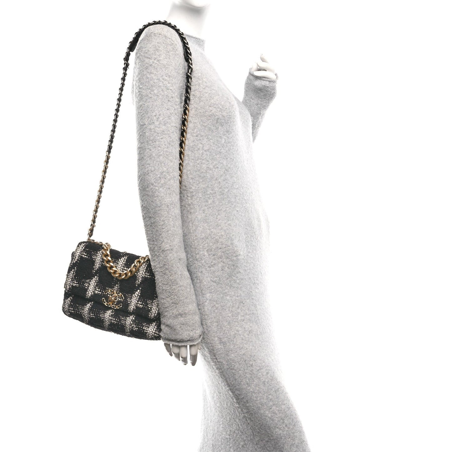 Chanel Tweed Quilted Medium 19 Flap Black White Handbag