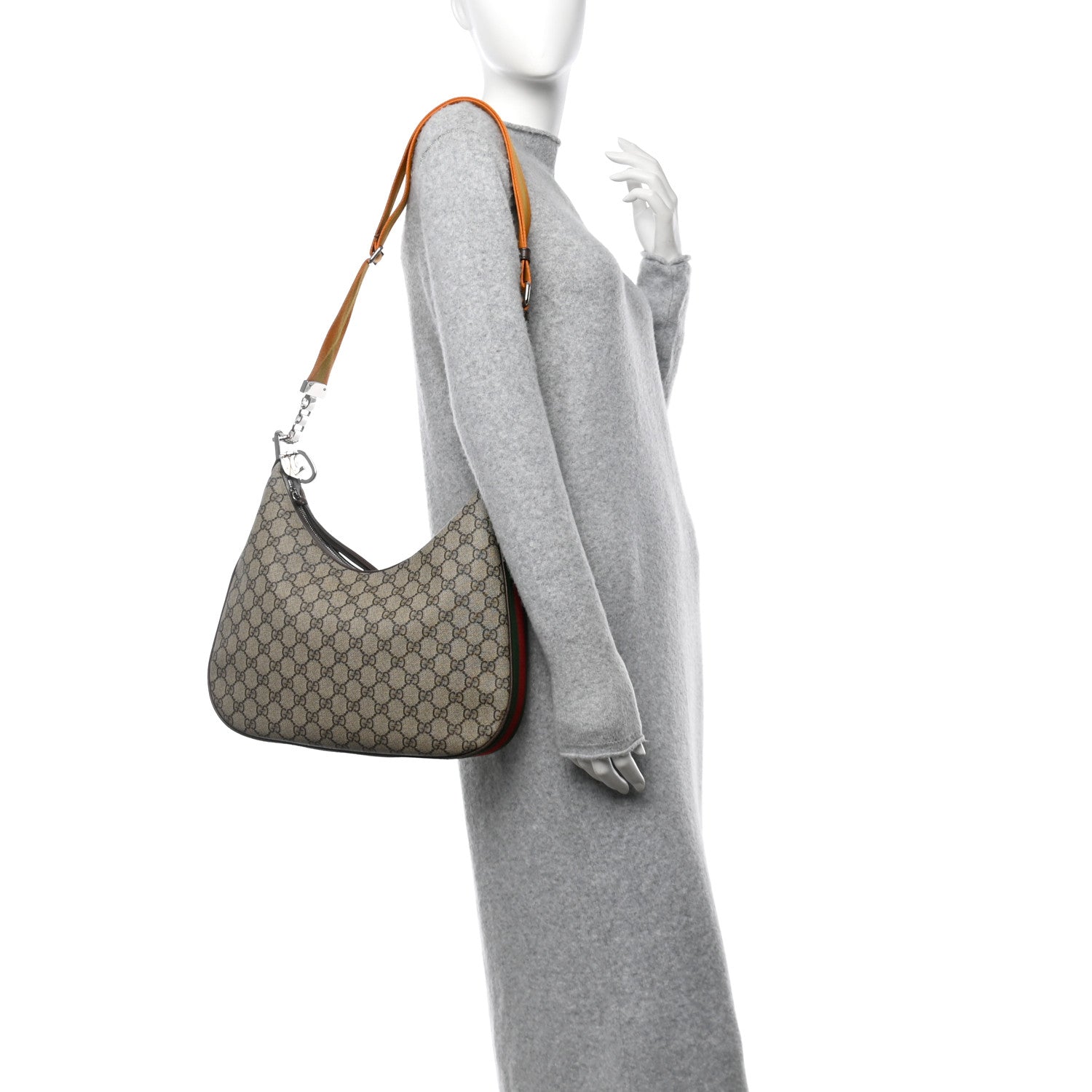 Gucci GG Supreme Monogram Textured Calfskin Web Large Attache Shoulder Bag Beige Ebony New Acero