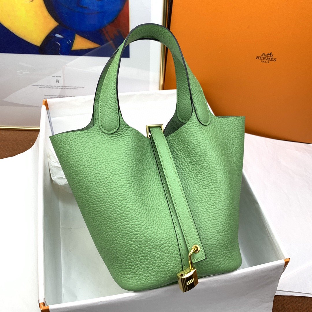 Top Quality Picotin Lock Bag Light With Green Gold Travel Bag
