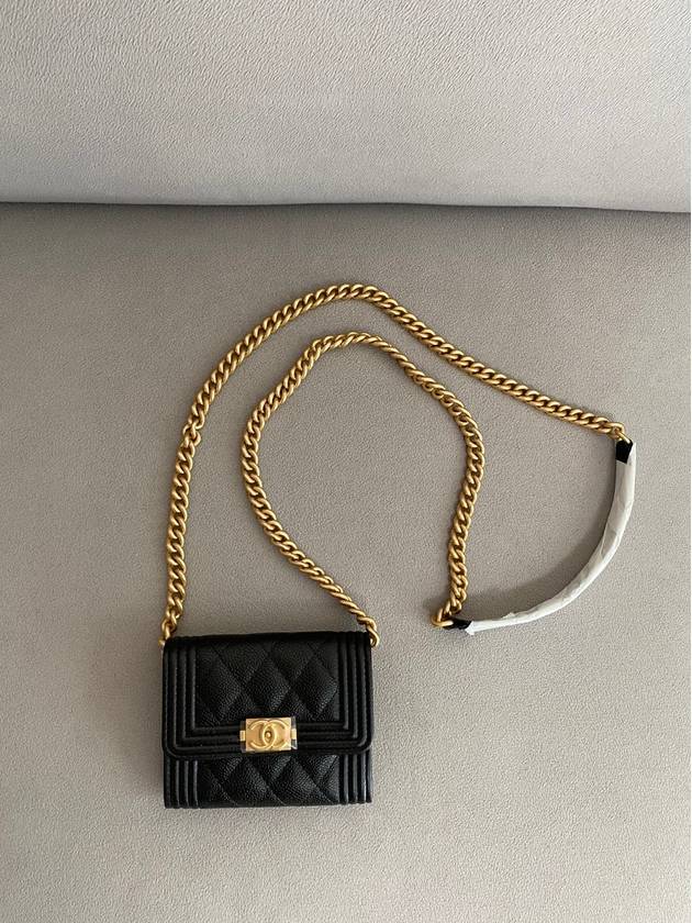 Boy Gold Logo Chain Caviar Card Wallet Black Chanel