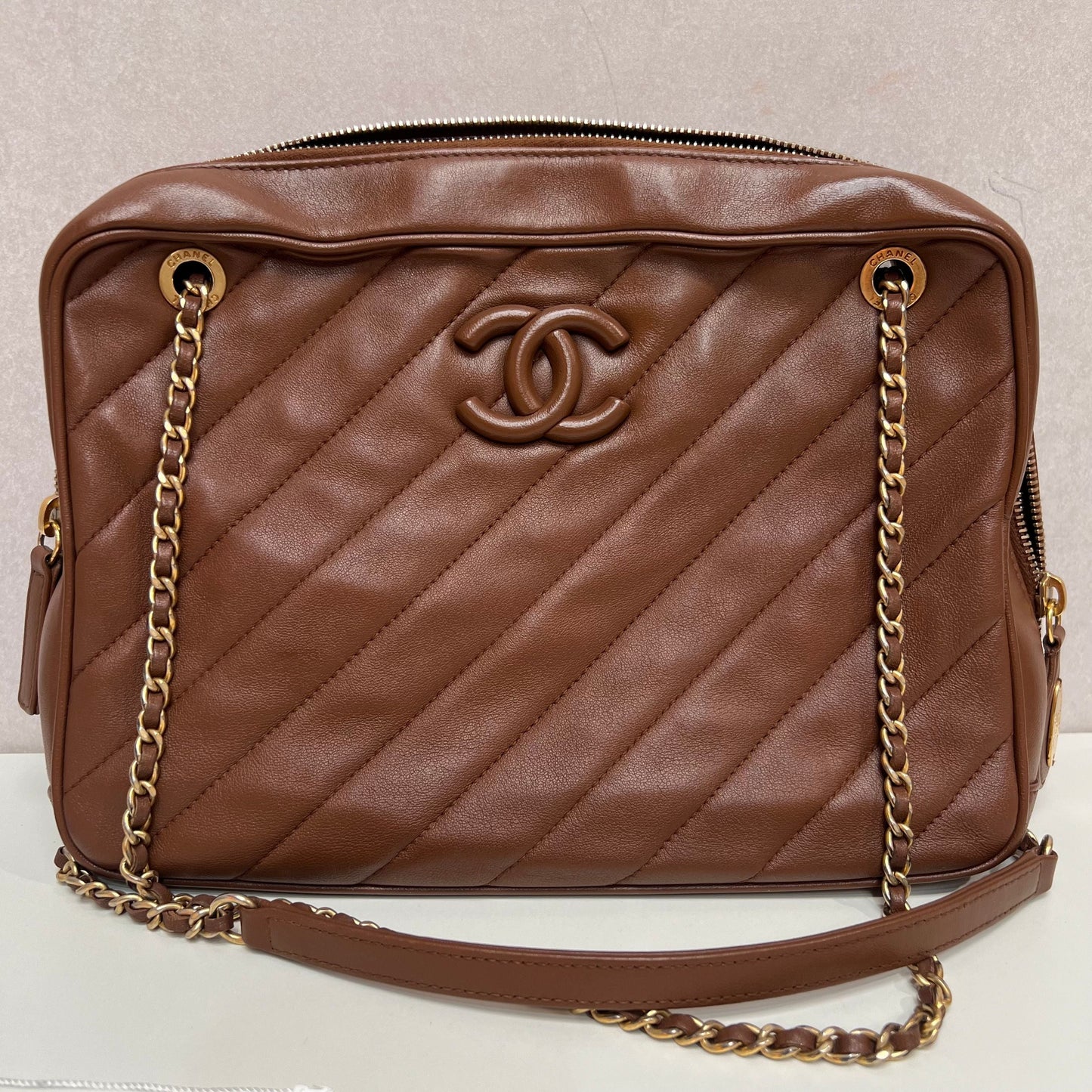 Chanel Brown Diagonal Quilted Leather CC Covered Signature Flap Bag Chanel
