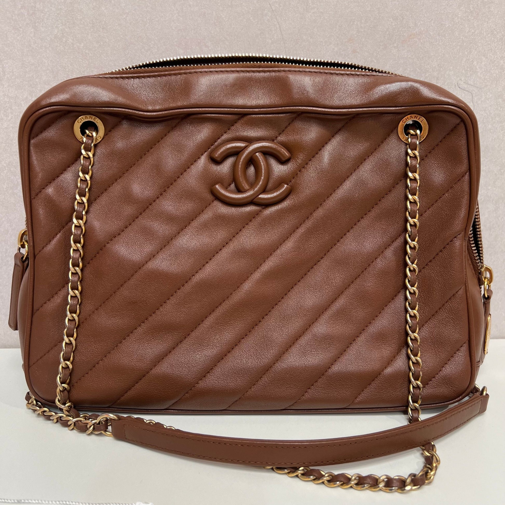 Chanel Brown Diagonal Quilted Leather CC Covered Signature Flap Bag Chanel