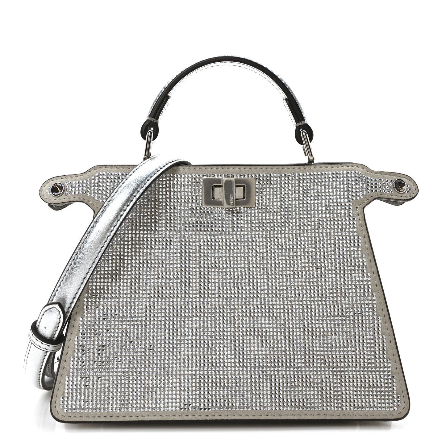 Fendi Shoulder Bag Crystal Laminato FF Petite Peekaboo I Leather Vitello Silver Satchel Bag
