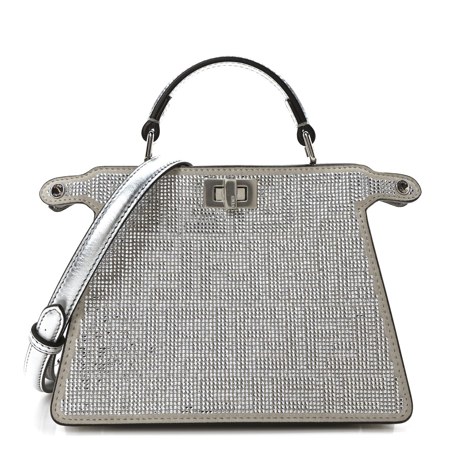 Fendi Shoulder Bag Crystal Laminato FF Petite Peekaboo I Leather Vitello Silver Satchel Bag