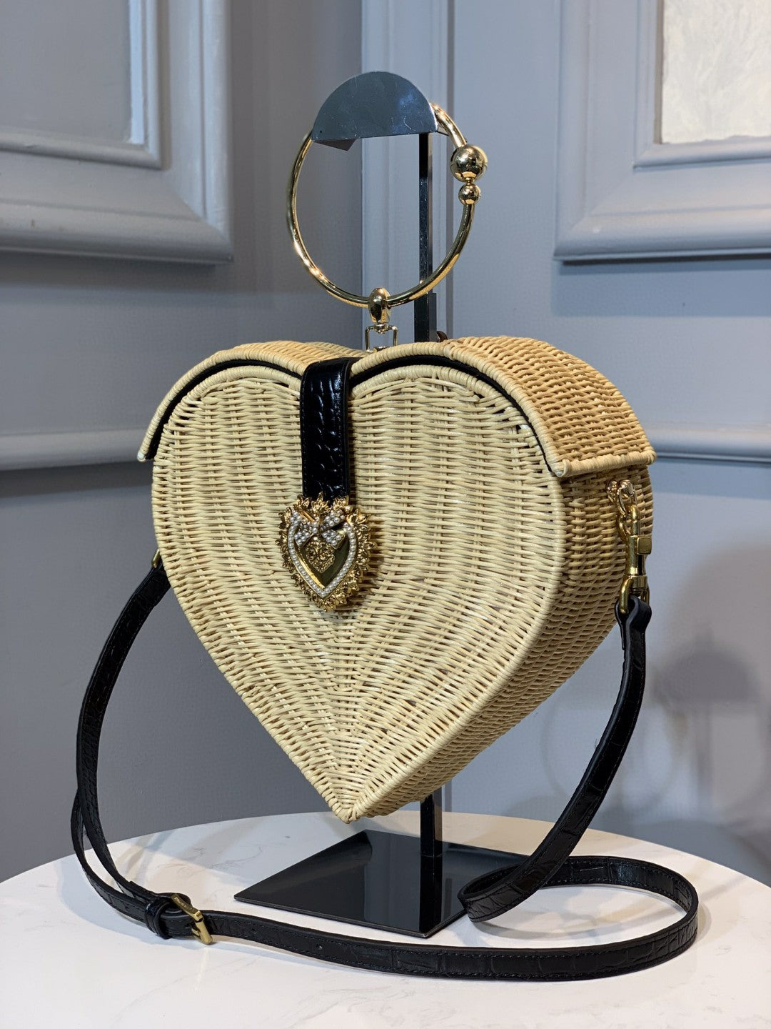 Devotion Crystal Heart Wicker Beige Top Handle Travel Bag