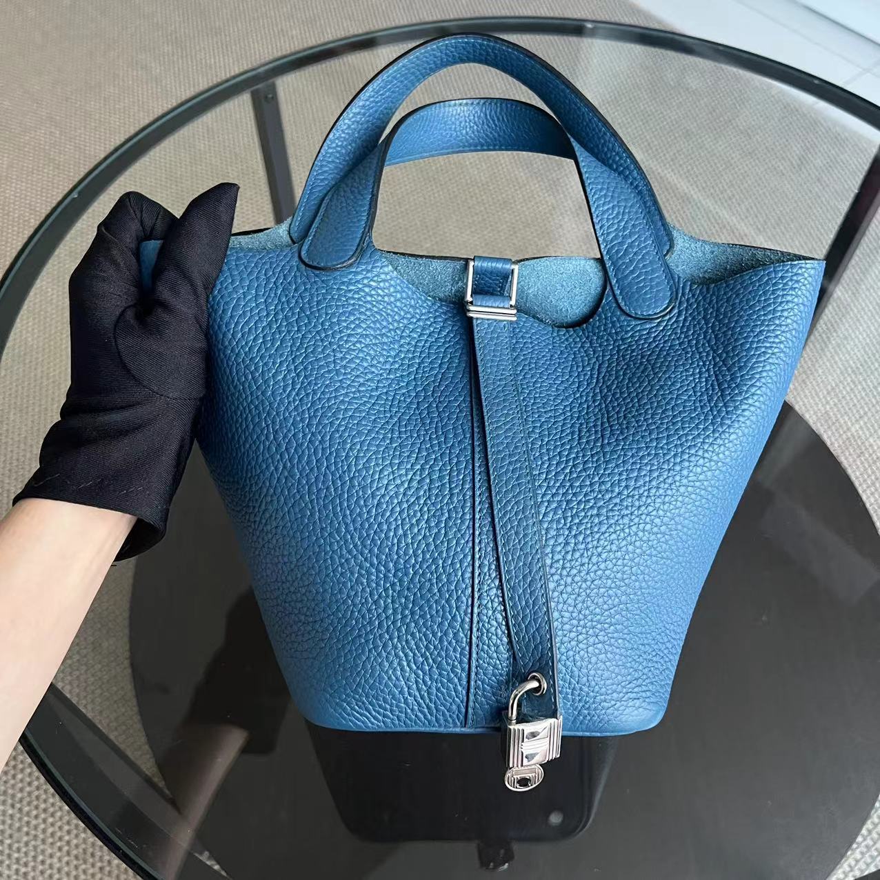 Hermes Picotin Square Stamp Hardware Handbag Blue Silver Travel Bag