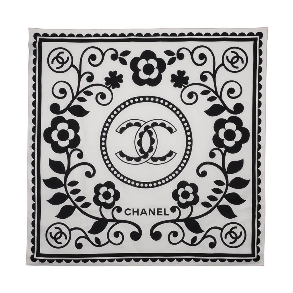 Chanel White & Black Silk Cc Floral Scarf Bag