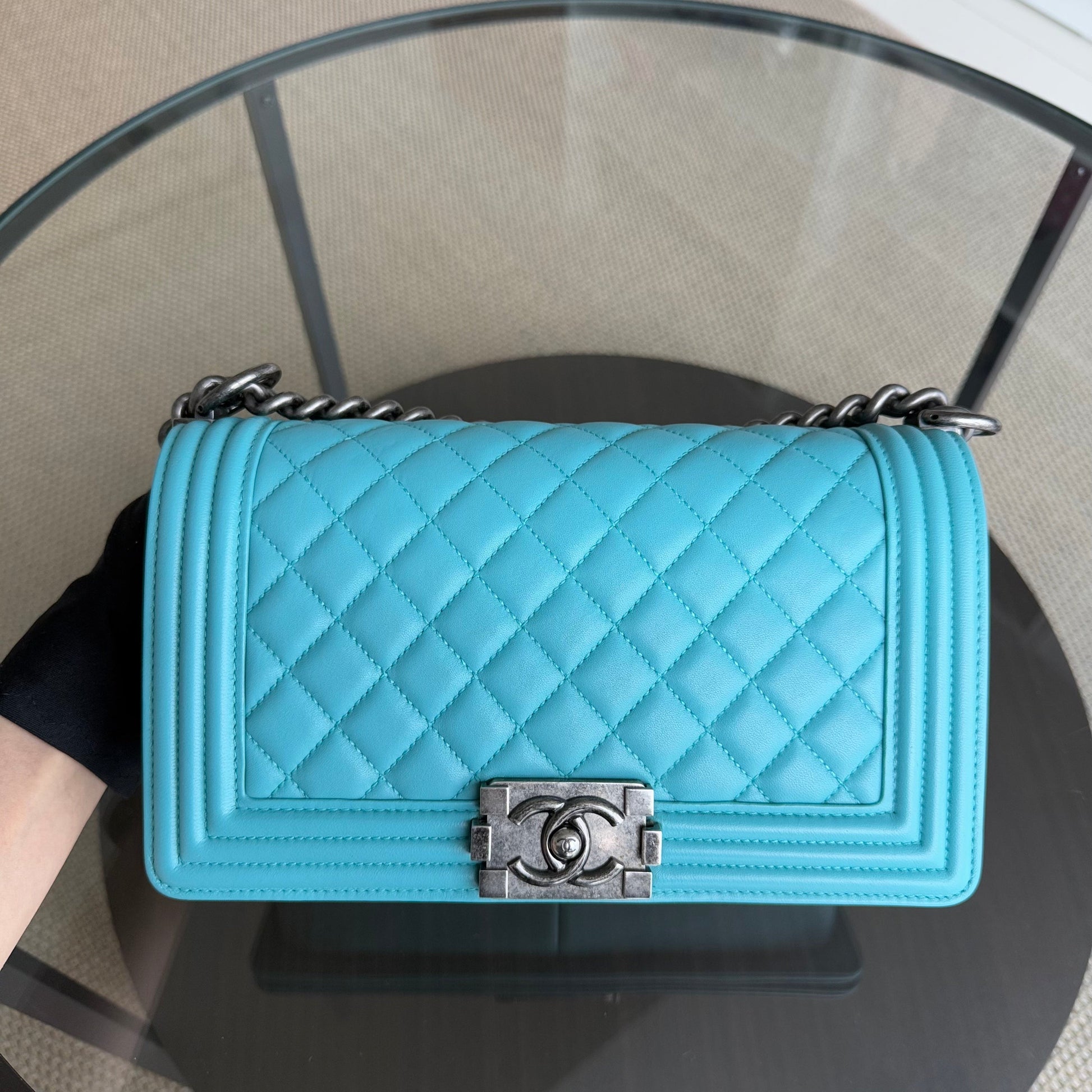 Chanel Boy Medium - 25CM Quilted Lambskin Cyan Blue Ruthenium Silver Hardware Series 19